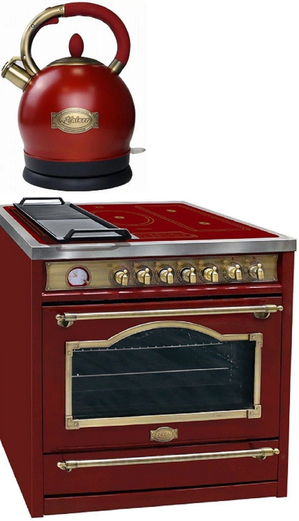 Kaiser Küchengeräte Induktions-Standherd Range Coocker 90cm, Elektro Standherd 90 cm+ Retro Wasserkocher HC 93655 IRotEm+WK 2000 RotEm., mit 1-fach-Teleskopauszug