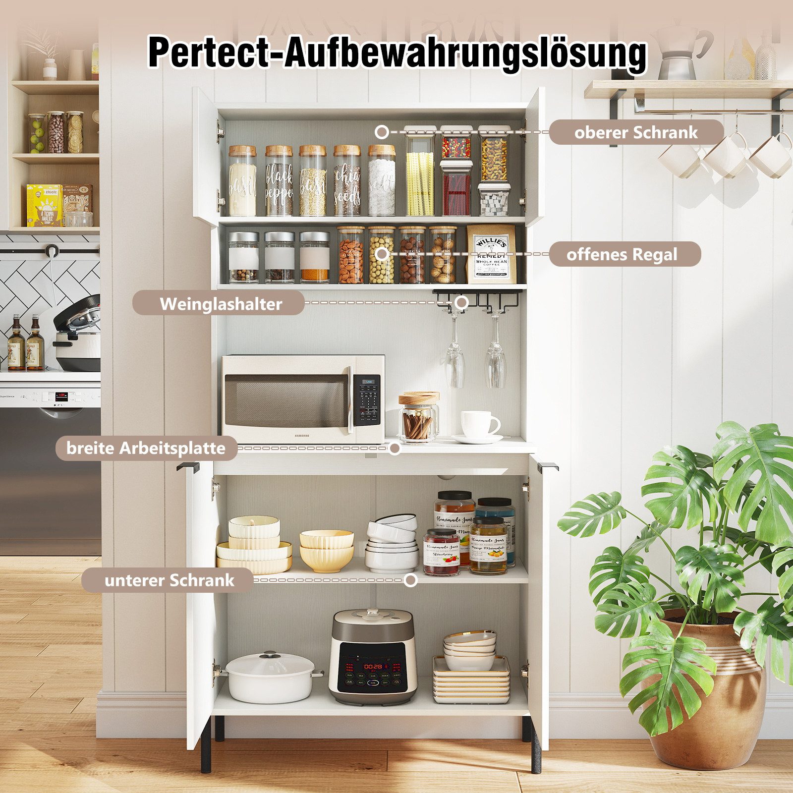 COSTWAY Küchenbuffet mit Arbeitsplatte, Ladestation Vorratsschrank Holz mit Türen