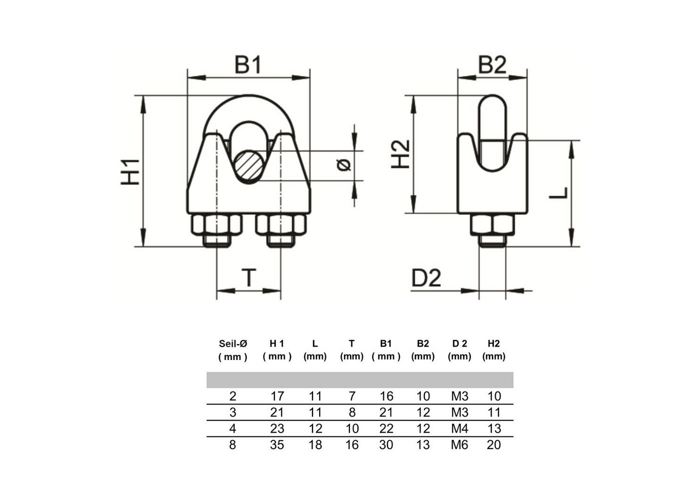 Thumbnail - SO-TECH® Drahtseilklemme Drahtseilklemme für 2 mm - 8 mm Edelstahl AISI 316 (V4A), (2St), rostfrei salzwasserbeständig B...