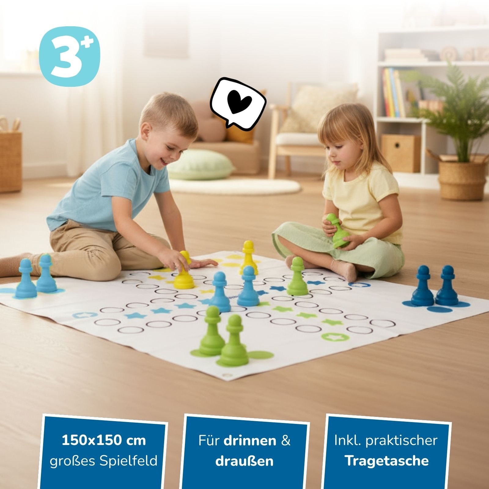 alldoro Spiel XXL Riesen Ludo, Brettspiel-Klassiker im Jumbo Format, 150 x 150 cm, XXL Ludo, indoor & outdoor, für 4 Mitspieler, geeignet für Kinder ab 3 Jahren