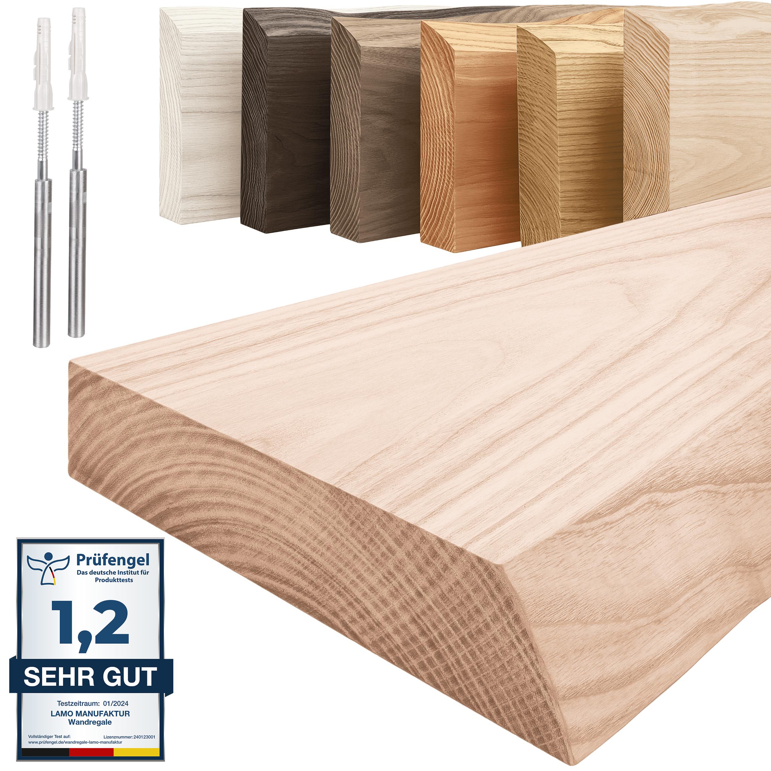 LAMO Manufaktur Wandregal Holz Baumkante, Regal Farbe: Roh, Invisible: Schweberegal, 40 cm, Komplett-Set, 40mm stake Massivholzplatte