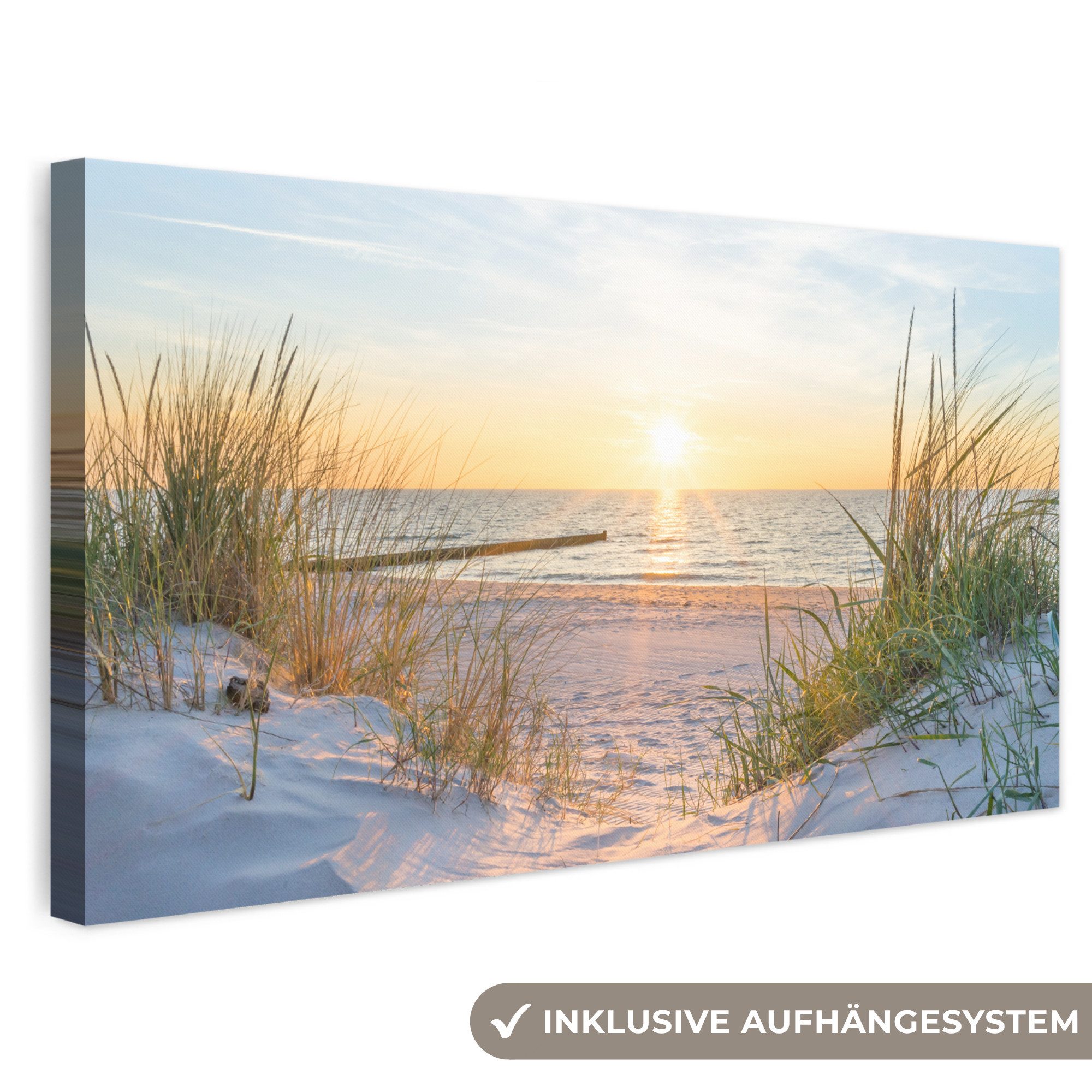 OneMillionCanvasses® Leinwandbild Panorama Strand - Sonne - Düne - Gras - Sand - Horizont, Fotodruck (1 St), Wandbild, Deko Schlafzimmer Wohnzimmer Flur 40x20 cm
