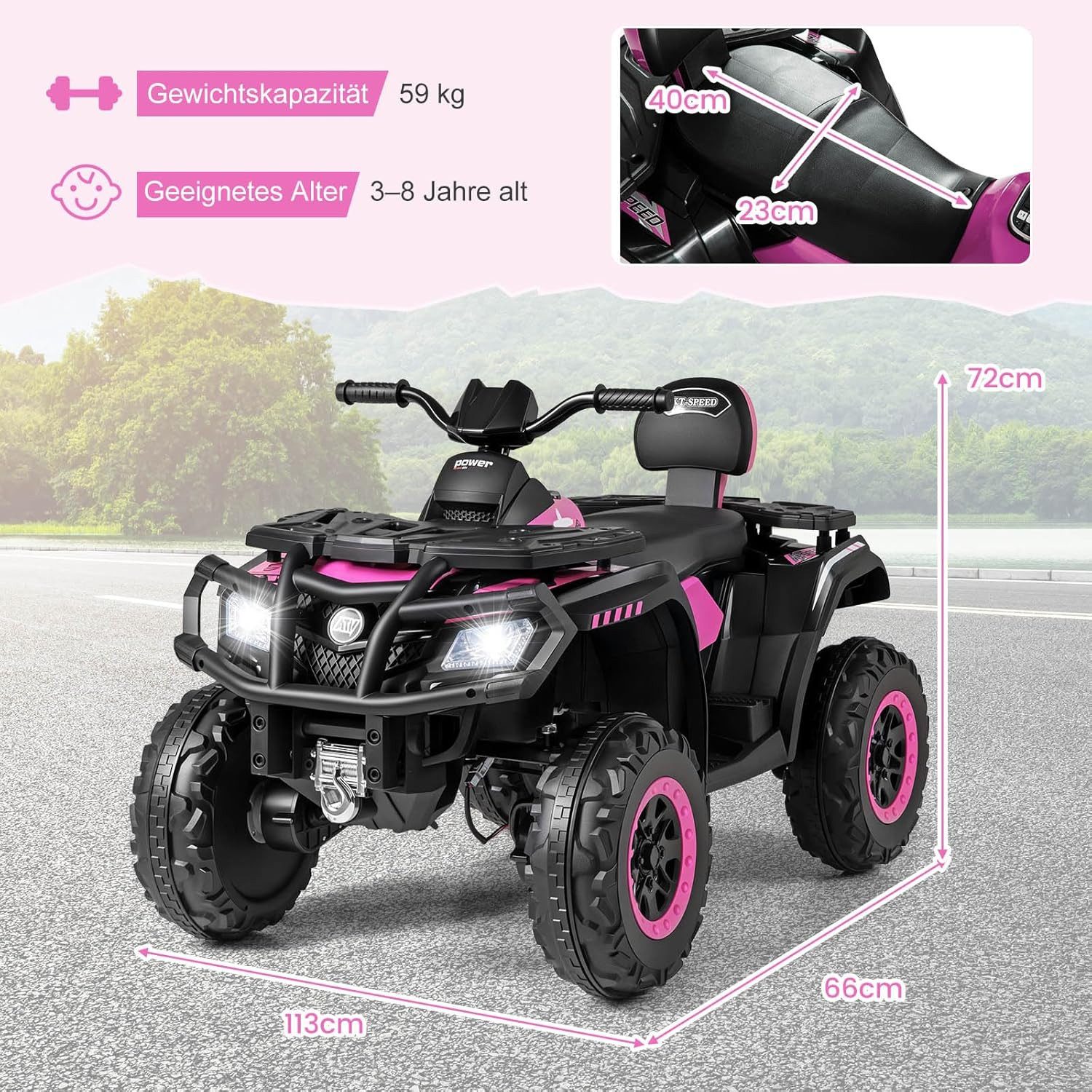 KOMFOTTEU Elektro-Kinderquad Kinderfahrzeug, mit 2 Geschwindigkeiten, Bremse, Licht & Musik