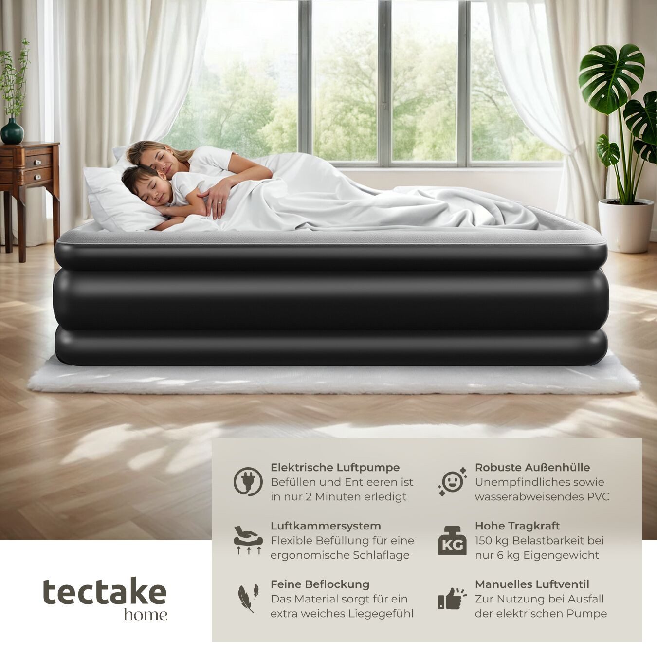 tectake Luftbett Aufblasbare Matratze, (für 1 oder 2 Personen, Komplettset), Aufblasbare Matratze AirDreams mit Elektropumpe