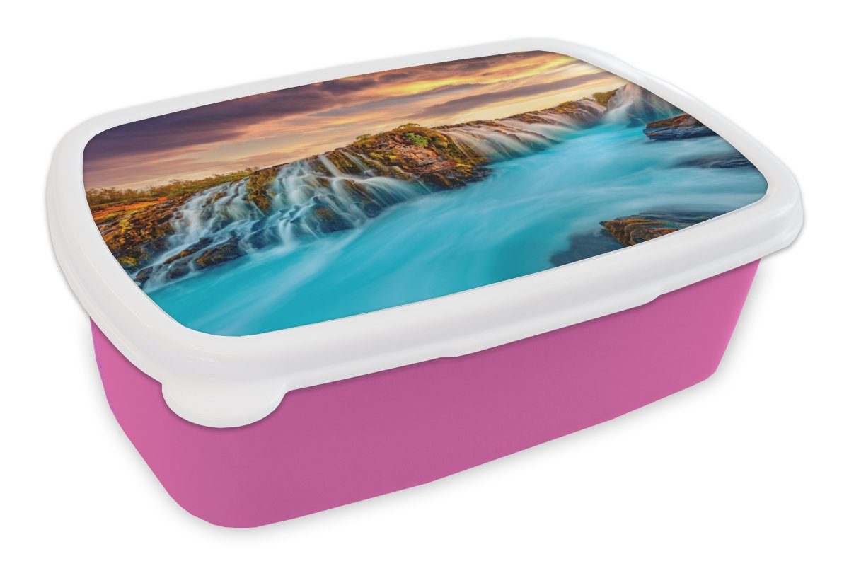 MuchoWow Lunchbox Wasserfall - Landschaft - Wolken - Natur, Kunststoff, (2-tlg), Brotbox für Erwachsene, Brotdose Kinder, Snackbox, Mädchen, Kunststoff rosa
