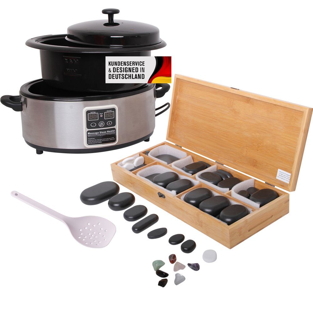PROMAFIT Schmerztherapiegerät Hot Stone Set "Medium" Erwärmer + 64 Hot Stones, Set 2-tlg., Abschaltautomatik, digitale Temperaturanzeige