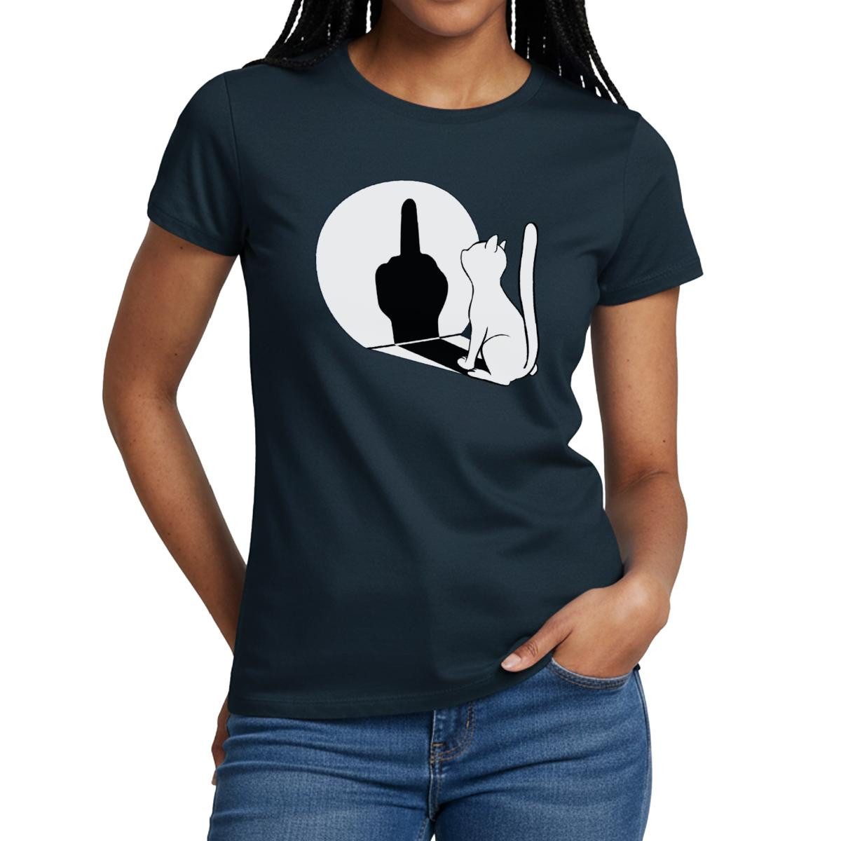 Spreadshirt T-Shirt Schattenspiel Katze Mittelfinger Frauen T-Shirt (1-tlg) Slim Fit, fällt klein aus