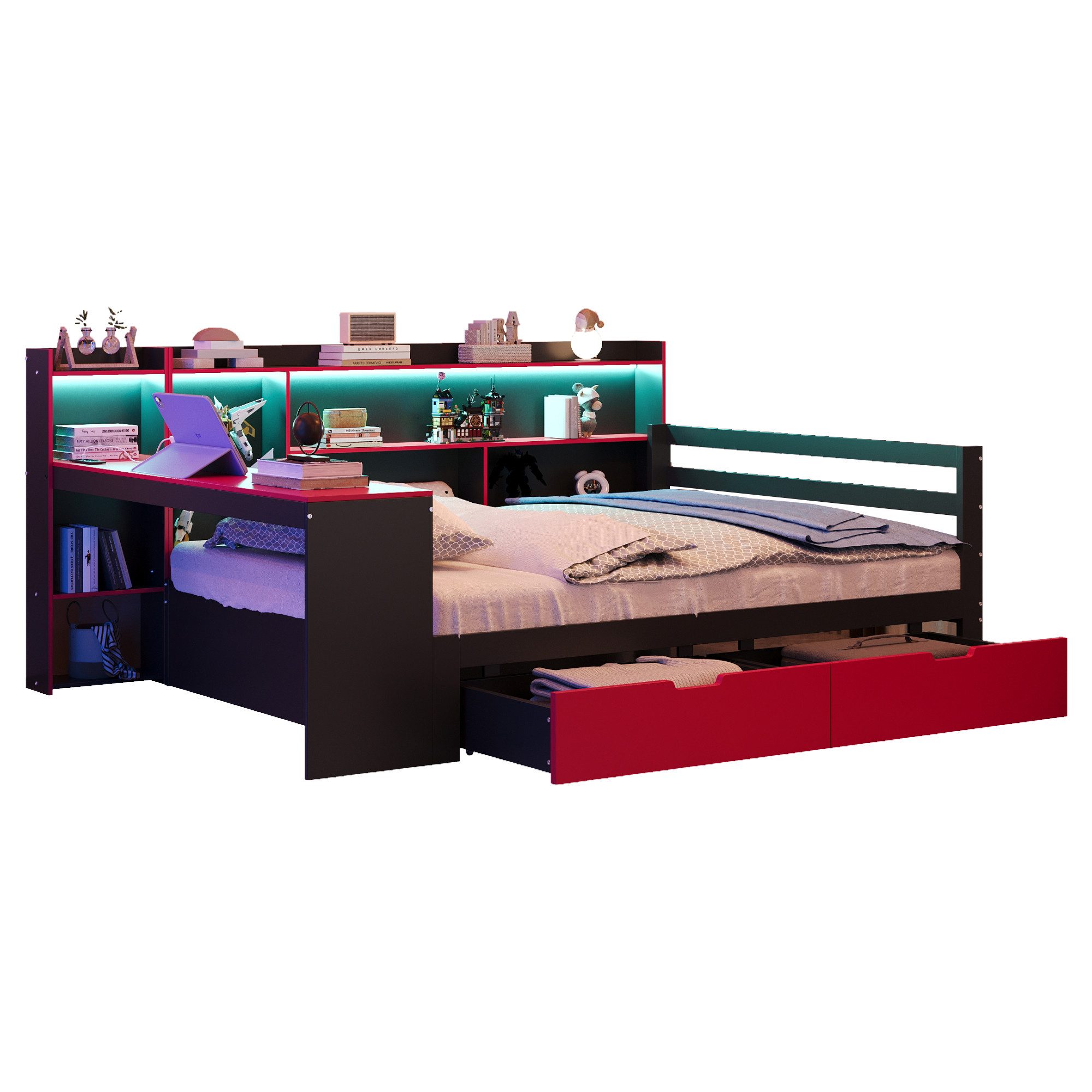 REDOM Schlafsofa Kinderbett Funktionsbett, mit Schreibtisch, LED-Beleuchtung und Stauraum 140x200 cm, ohne Matratze