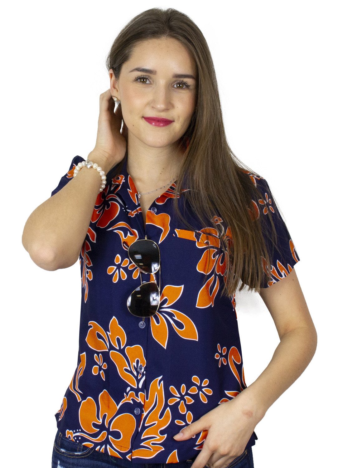 King Kameha Hawaiihemd Hibiscus Funky Hawaiibluse Damen Kurzarm Front-Tasche Stylish