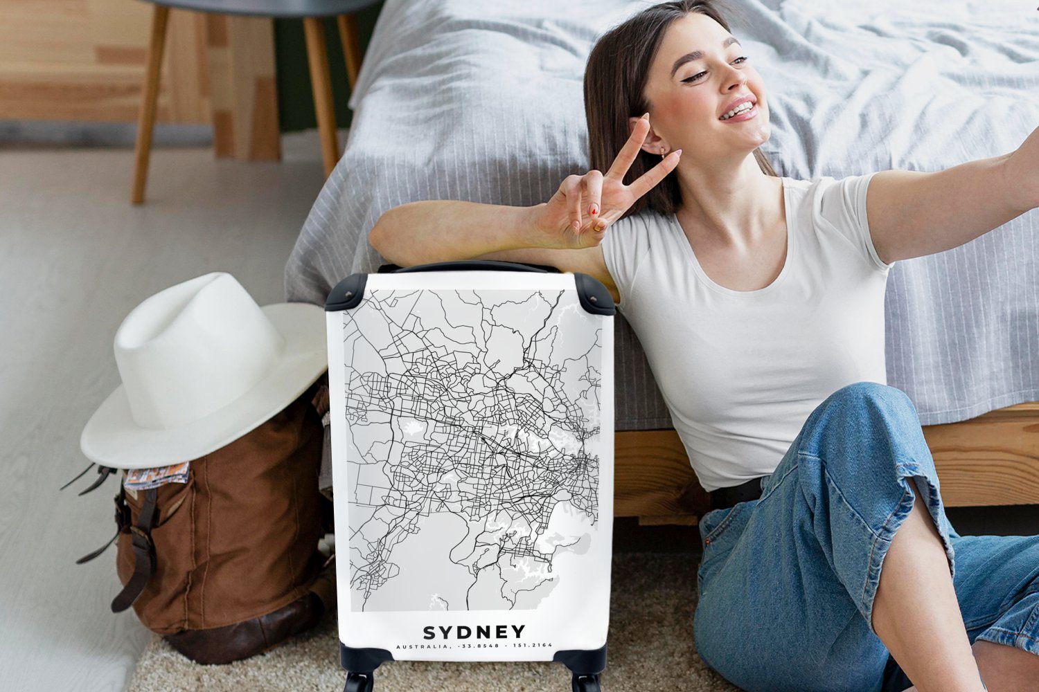 MuchoWow Handgepäckkoffer Sydney Stadtplan Reisetasche für Reisekoffer - Schwarz Ferien, 4 Weiß rollen, - - Rollen, mit Trolley, Karte, Handgepäck und