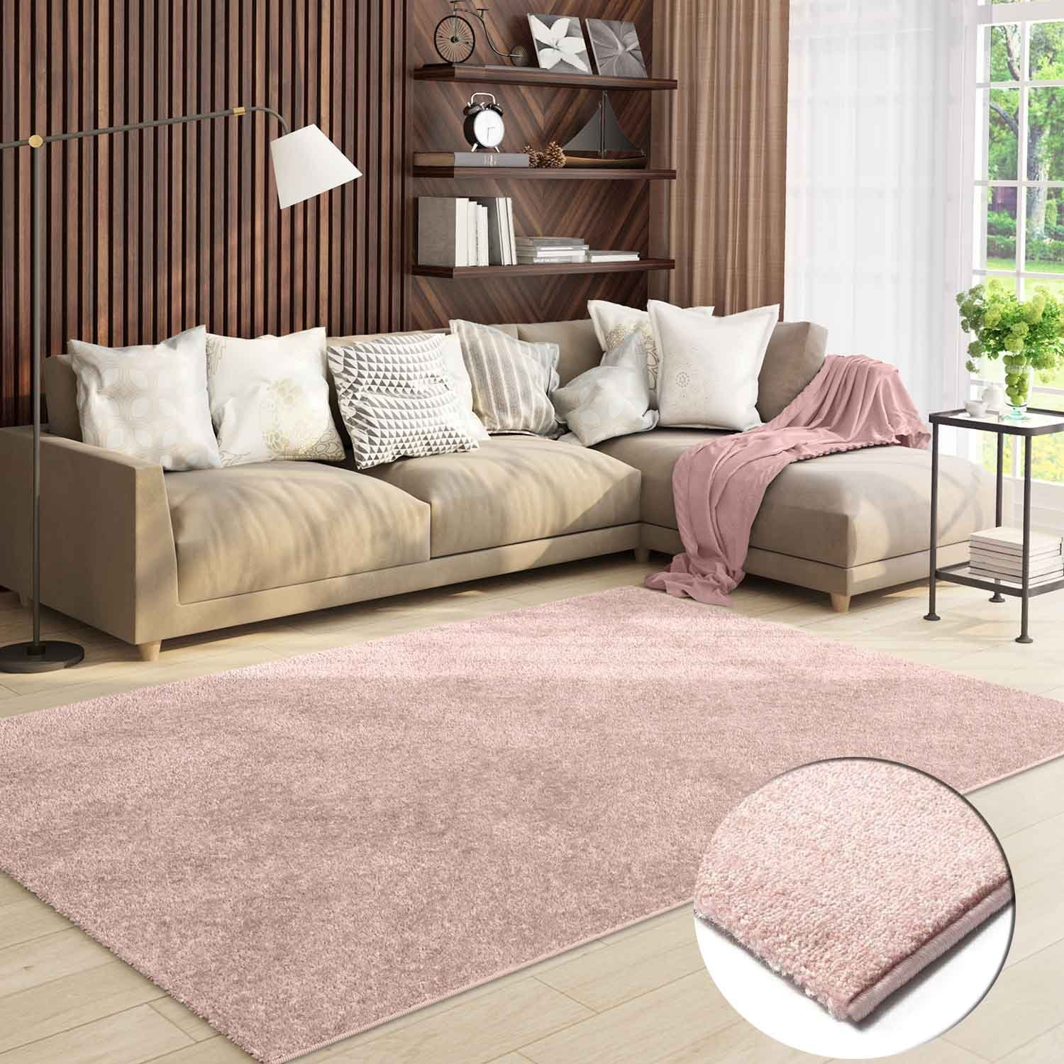 Teppich Kurzflor Wohnzimmer, Vimoda, Rechteckig, Höhe: 8 mm, Extra Weich, gewebt, Einfarbig, Modern, Versch. Größen Farben Pink