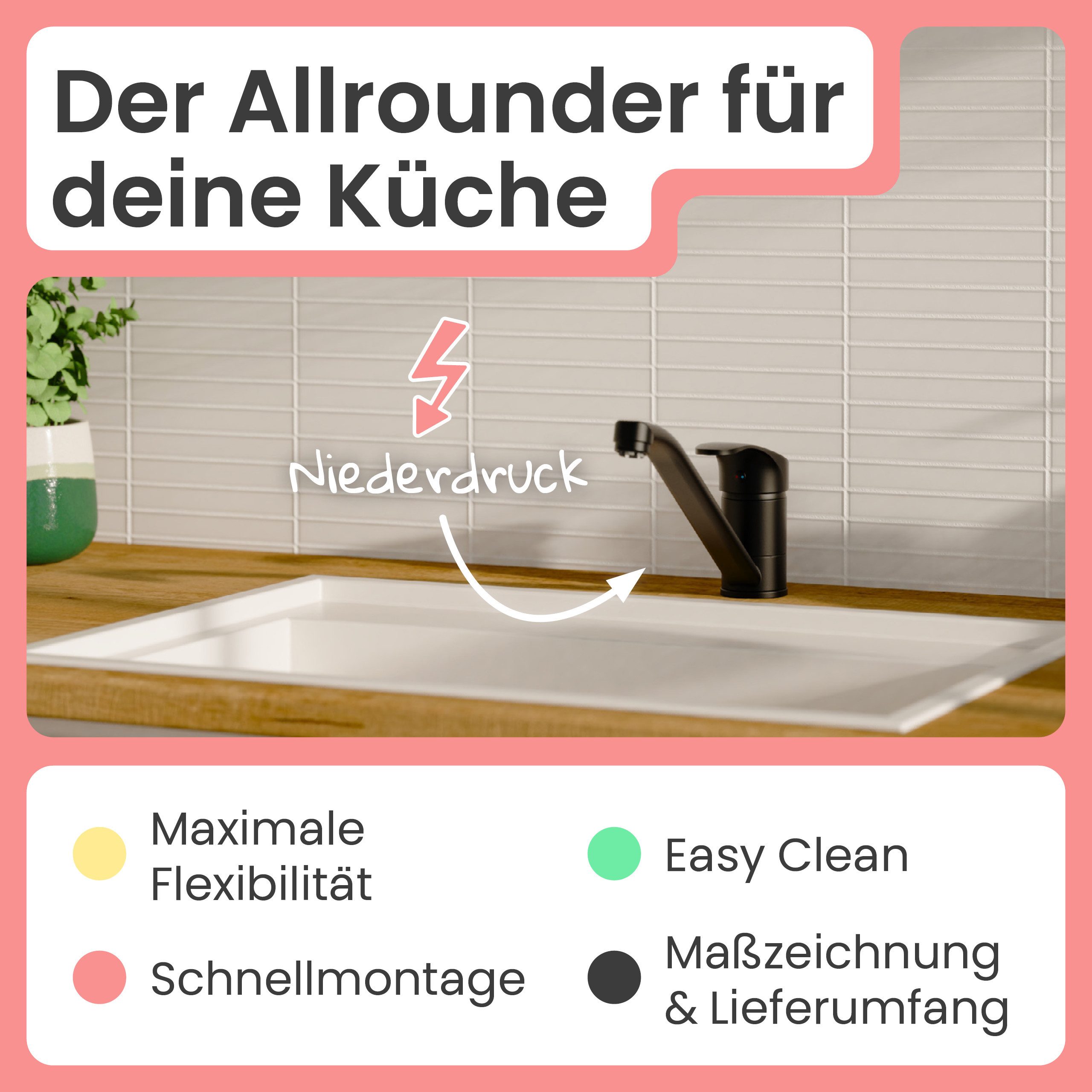 instmaier Spültischarmatur Vera Wasserhahn für Küche, Einhebelmischer Chrom Trendfarbe Schwarz Matt, Niederdruck