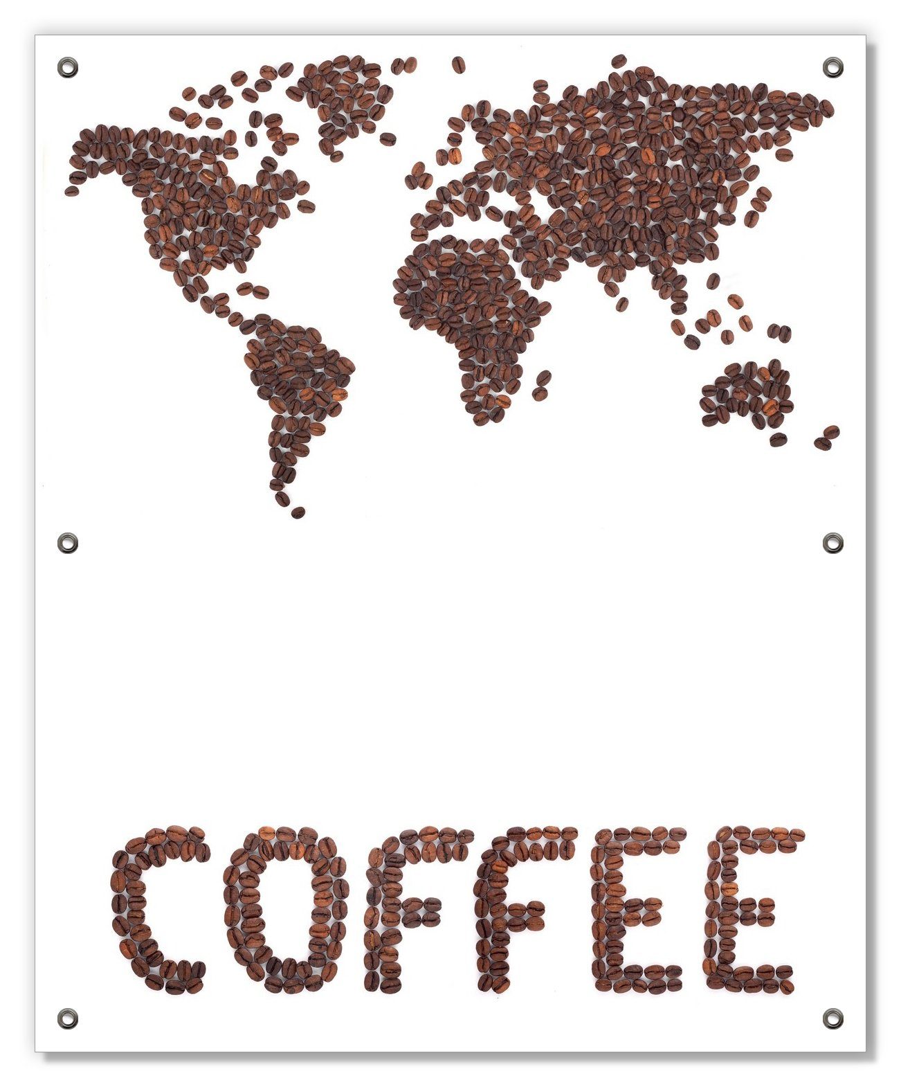 Sonnenschutz Weltkarte mit Schriftzug aus Kaffeebohnen, Wallario, blickdicht, mit Saugnäpfen, wiederablösbar und wiederverwendbar