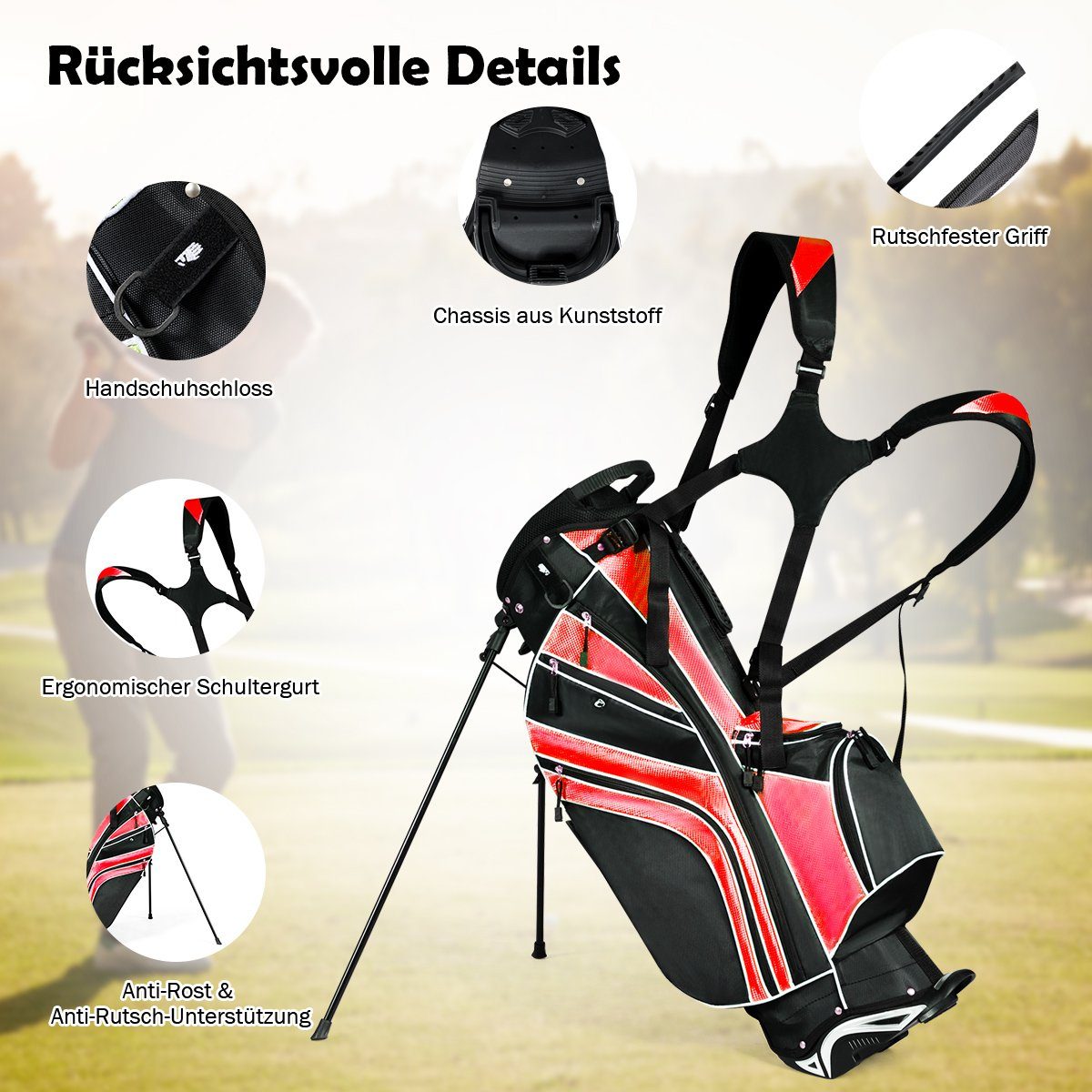 Golfbag, Ständer, + Regenschirmhalter rot+schwarz Golftrolley COSTWAY mit