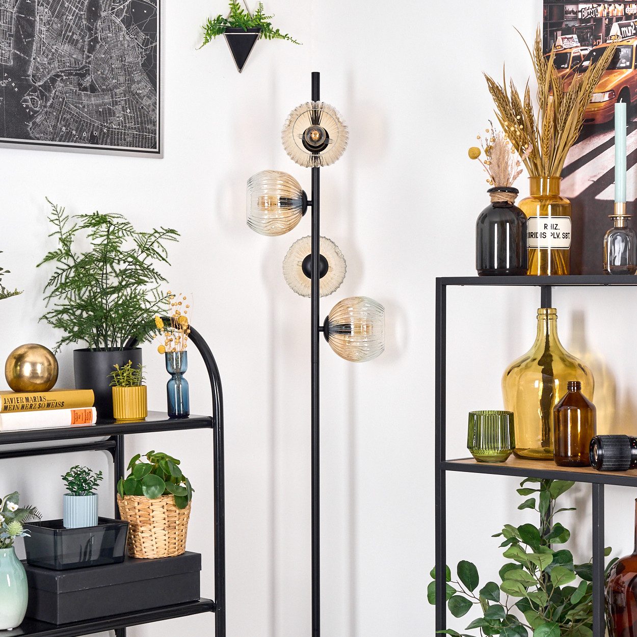 hofstein Stehlampe Stehlampe aus Metall/Riffelglas in Schwarz/Bernsteinfarb günstig online kaufen