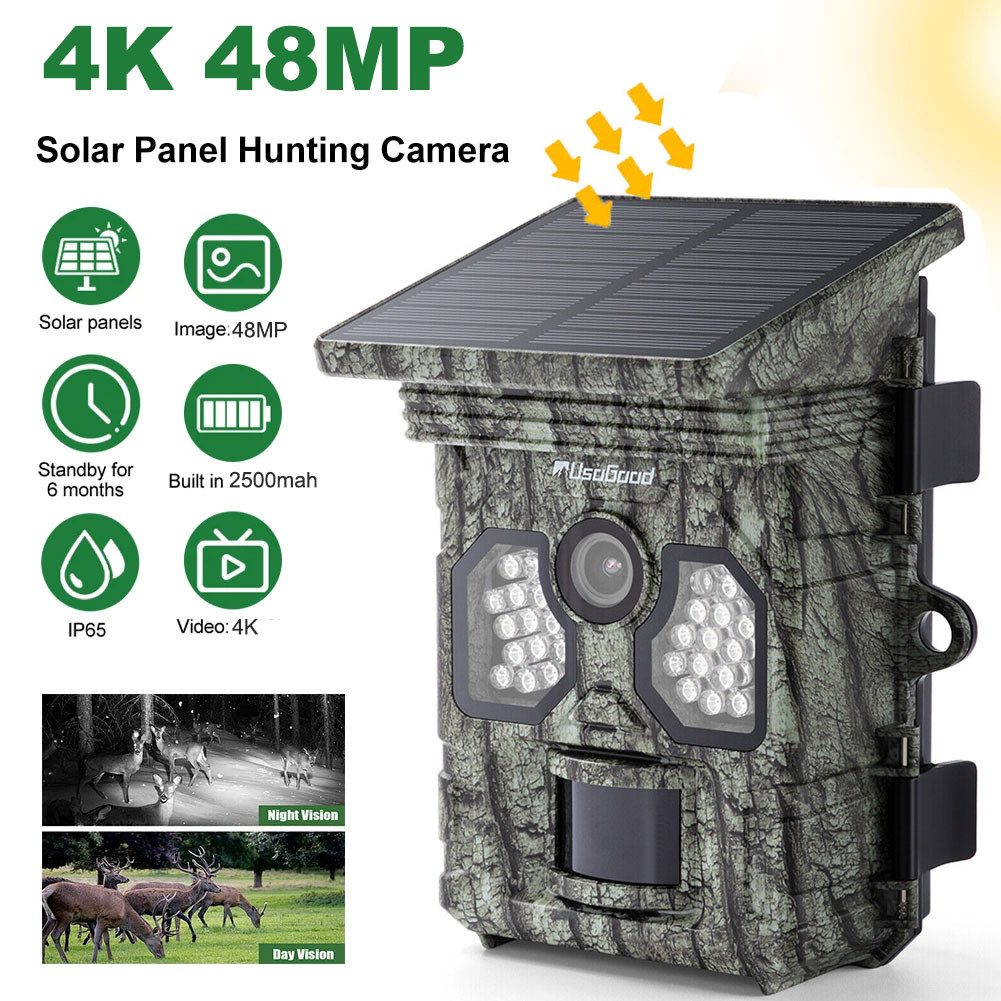 Usogood Solar Wildkamera 4K 48MP Jagdkamera mit Bewegungsmelder Nachtsicht Überwachungskamera (AuBenbereich, 120° Weitwinkelobjektiv, Akku Wildtierkamera, Outdoor IP66 Wasserdicht)
