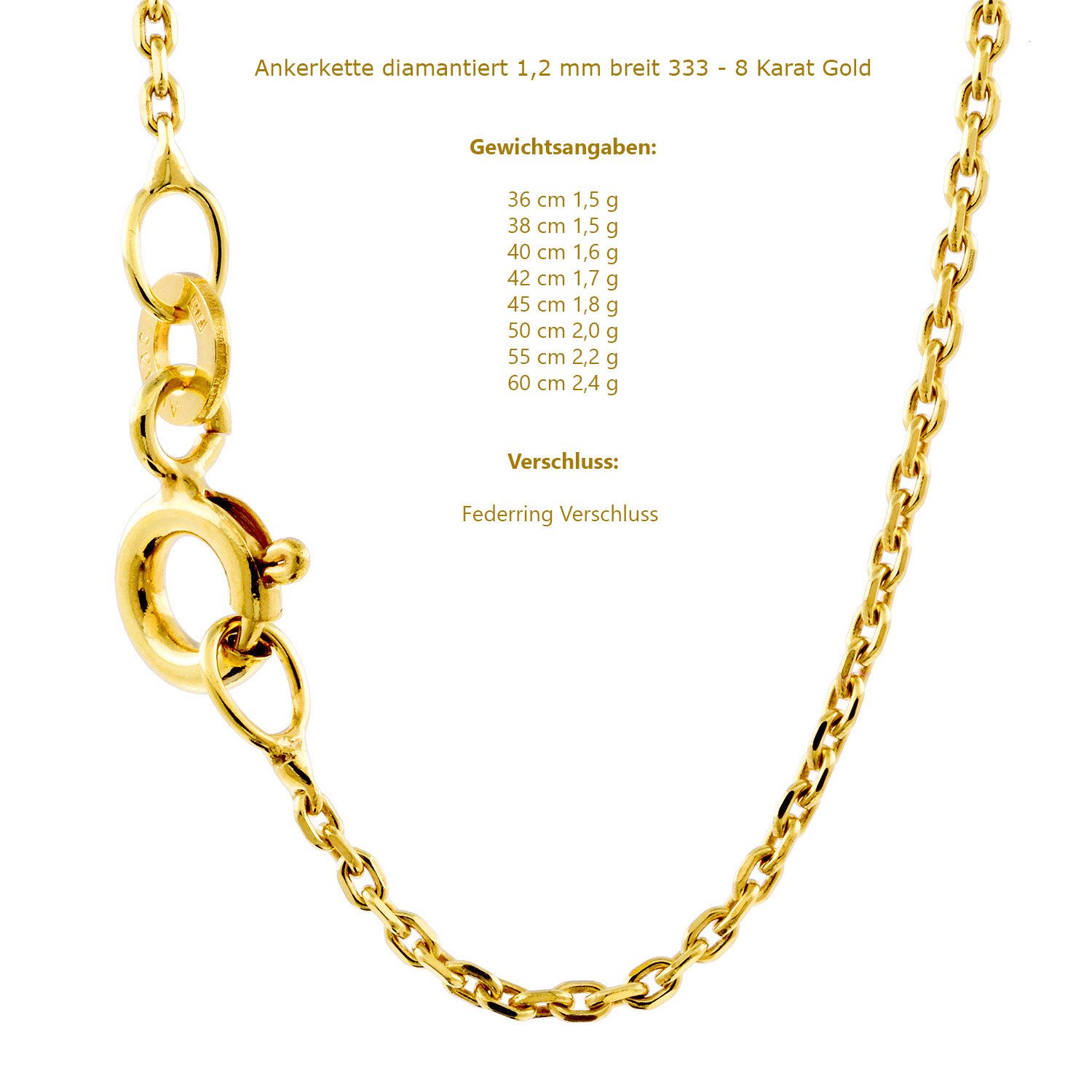 HOPLO Goldkette Goldkette Ankerkette diamantiert Breite 1,2 mm 36 cm 333-8 Karat Gold, Made in Germany – Bild 2 von 5