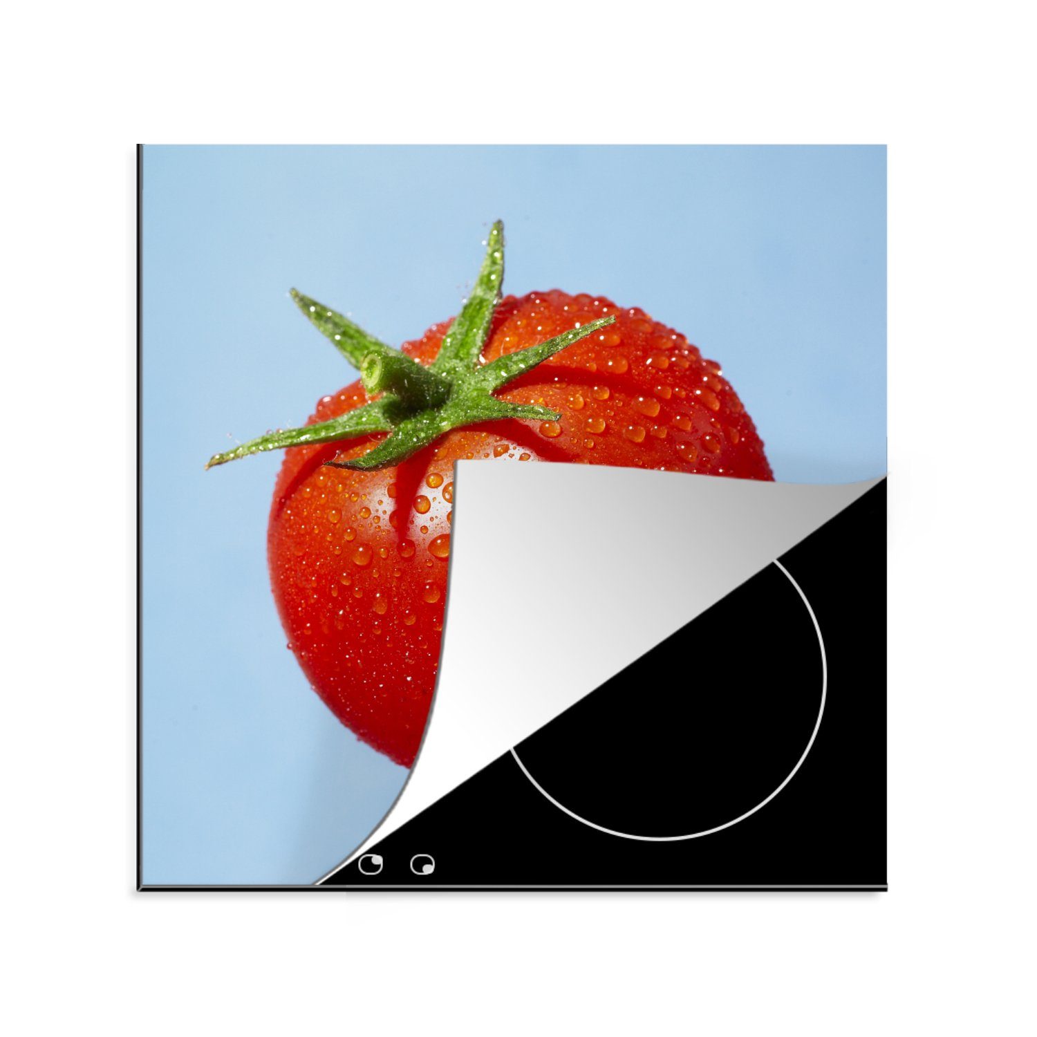 MuchoWow Herdblende-/Abdeckplatte Eine rote Tomate mit Wassertropfen, Vinyl, (1 tlg), 78x78 cm, Ceranfeldabdeckung, Arbeitsplatte für küche