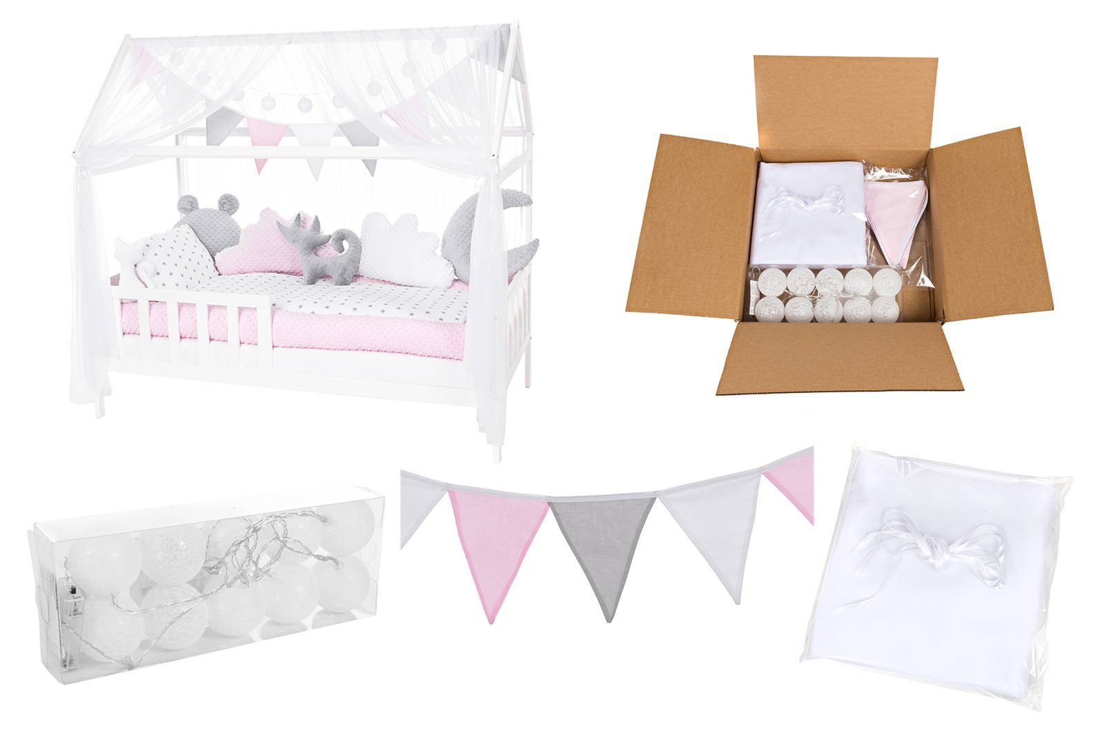 Babyhafen Betthimmel 3 tlg. Deko-Set für Hausbetten Baldachin Wimpel Lichterkette Rosa (3-tlg), 10 warm weiße Dioden, passend zum Hausbett