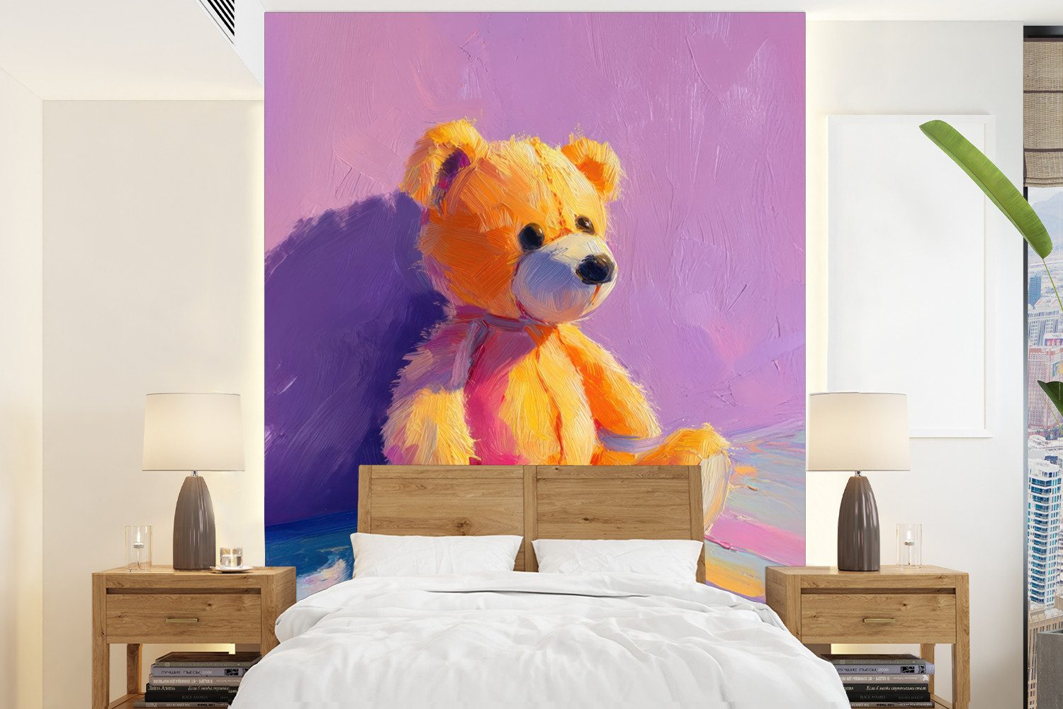 MuchoWow Fototapete Teddybär - Schatten - Pinselstriche - Lila, Matt, bedruckt, Wallpaper für Wohnzimmer, Schlafzimmer, Vinyl Tapete, 165x220 cm