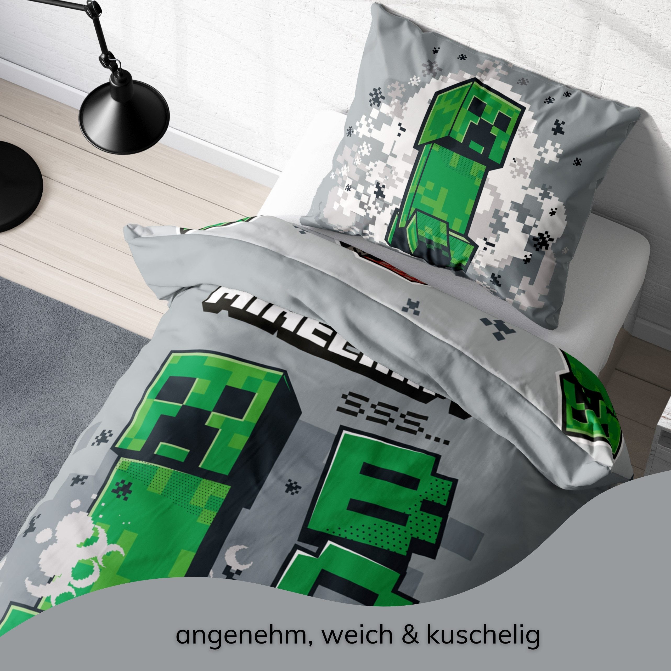 MTOnlinehandel Kinderbettwäsche Minecraft "Boom" weiche Microfaser, 135x200 cm + 80x80 cm, Microfaser, 2 teilig, Wendebettwäsche für Mädchen und Jungen, Gaming – Bild 5 von 5