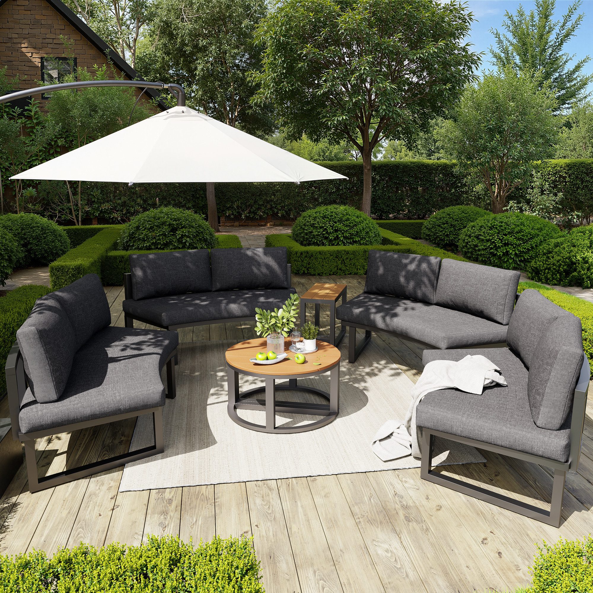 TavilaEcon Gartenlounge-Set Bequeme Gartenmöbel mit grauen Sitzpolstern und Kissen, (6-tlg), für 8 Personen, mit verstellbaren Beine, grau