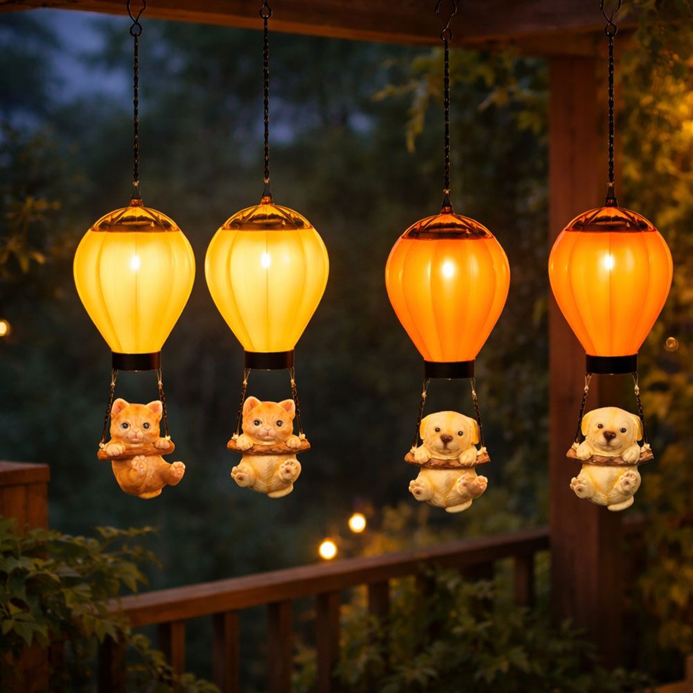 Haushalt International LED Solarleuchte, LED-Leuchtmittel fest verbaut, Warmweiß, Solar Hängelampe LED Außen Heißluftballon Garten Hund Katze 4er Set