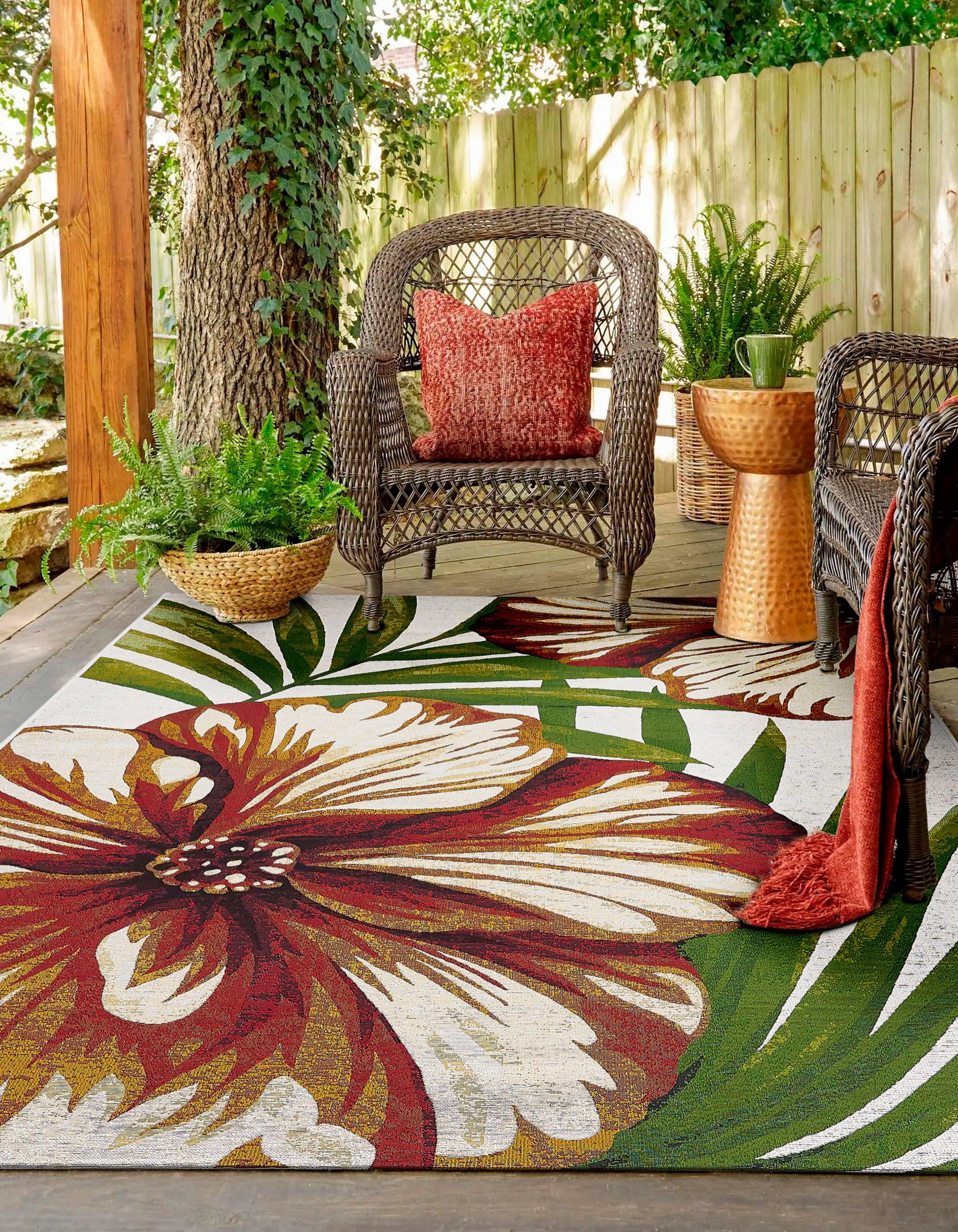 LUXOR living Teppich Panama Blume, LAGERRÄUMUNG, rechteckig, Höhe: 5 mm, Flachgewebe, modernes Design, Motiv Blumen, In- und Outdoor geeignet