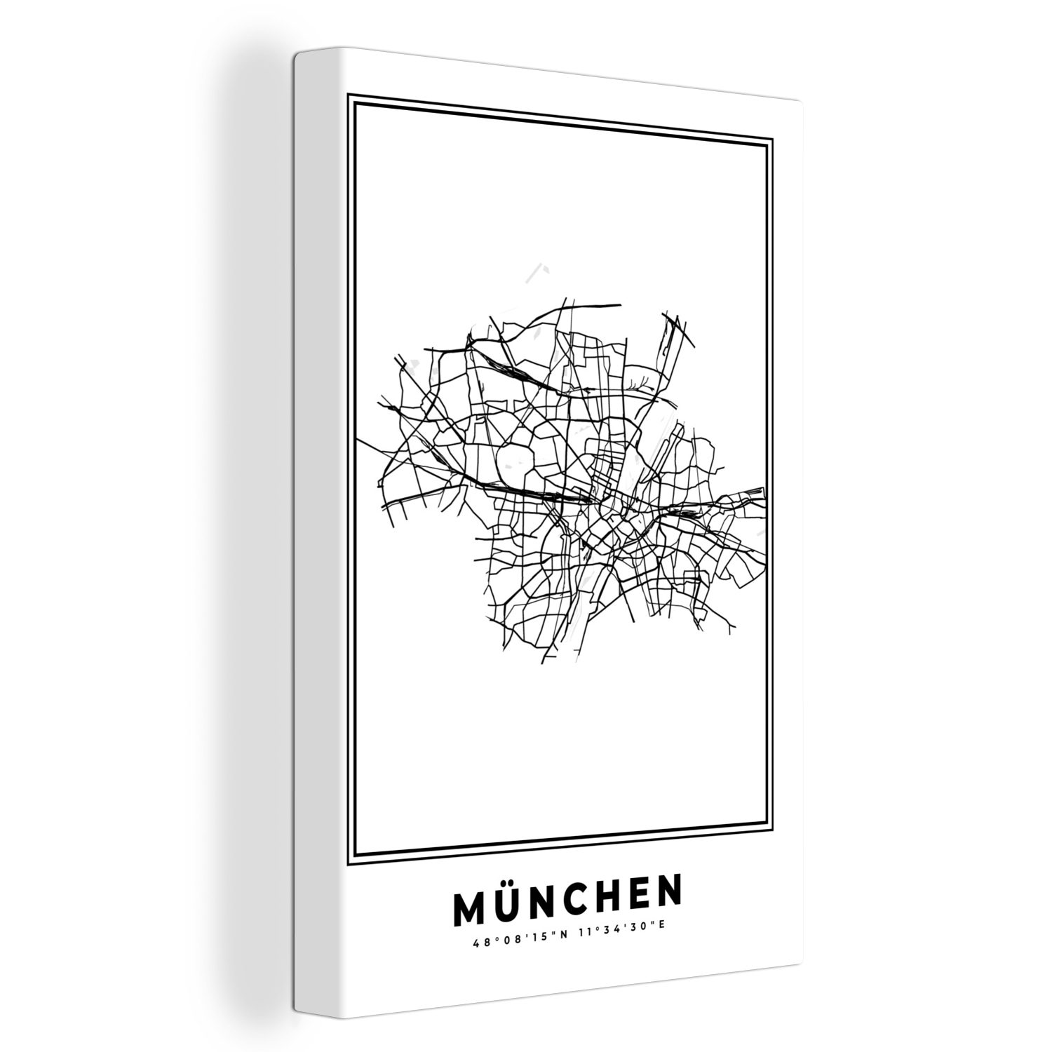 inkl. fertig bespannt 20x30 Deutschland München (1 Stadtplan - Leinwandbild Zackenaufhänger, weiß St), und Karte, OneMillionCanvasses® - Schwarz cm - Leinwandbild - Gemälde,