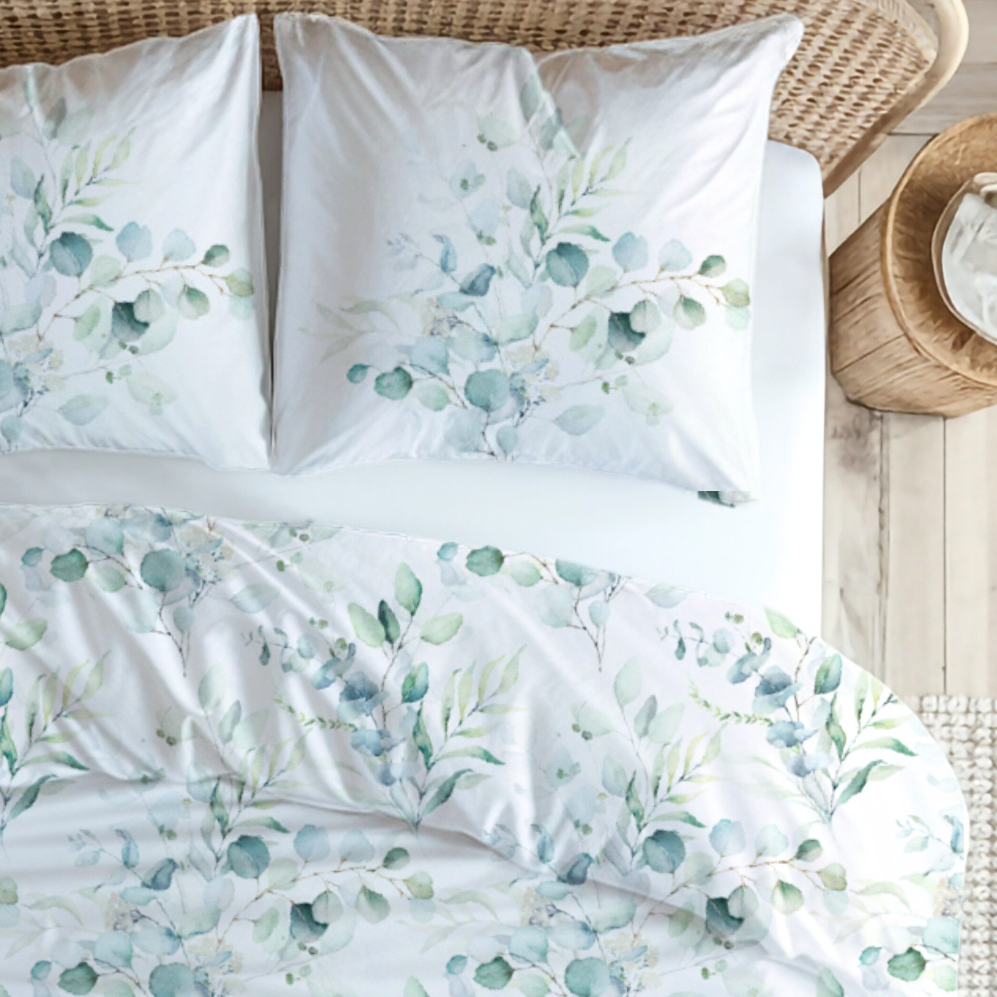 MTOnlinehandel Bettwäsche Eukalyptus, Blumen, Blätter, Zweige 100 % Baumwolle, Mako-Satin, 2 teilig, sanft, weich für Teenager & Erwachsene, Partnerbettwäsche