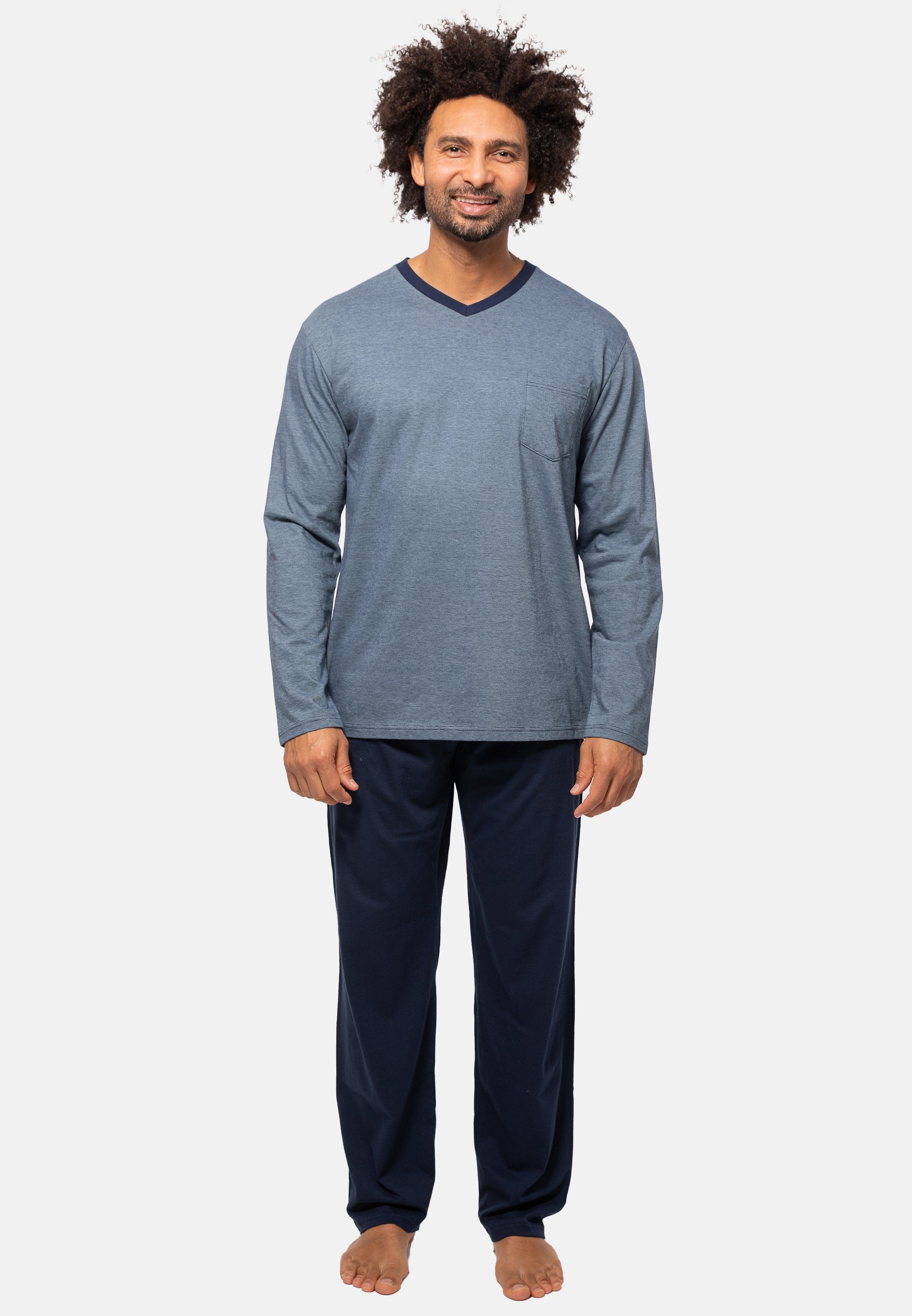 Ammann Pyjama Organic Cotton (Set, 2 tlg) Schlafanzug - Baumwolle - Set aus Langarm Shirt und langer Hose Blau geringelt