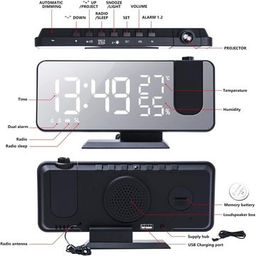 Mutoy Projektionswecker Projektionswecker, Projektions Radio Wecker digital mit Dual-Alarm 180° Projektor,LED-Anzeige, Snooze,4 Projektionshelligkeit,32FM Radio