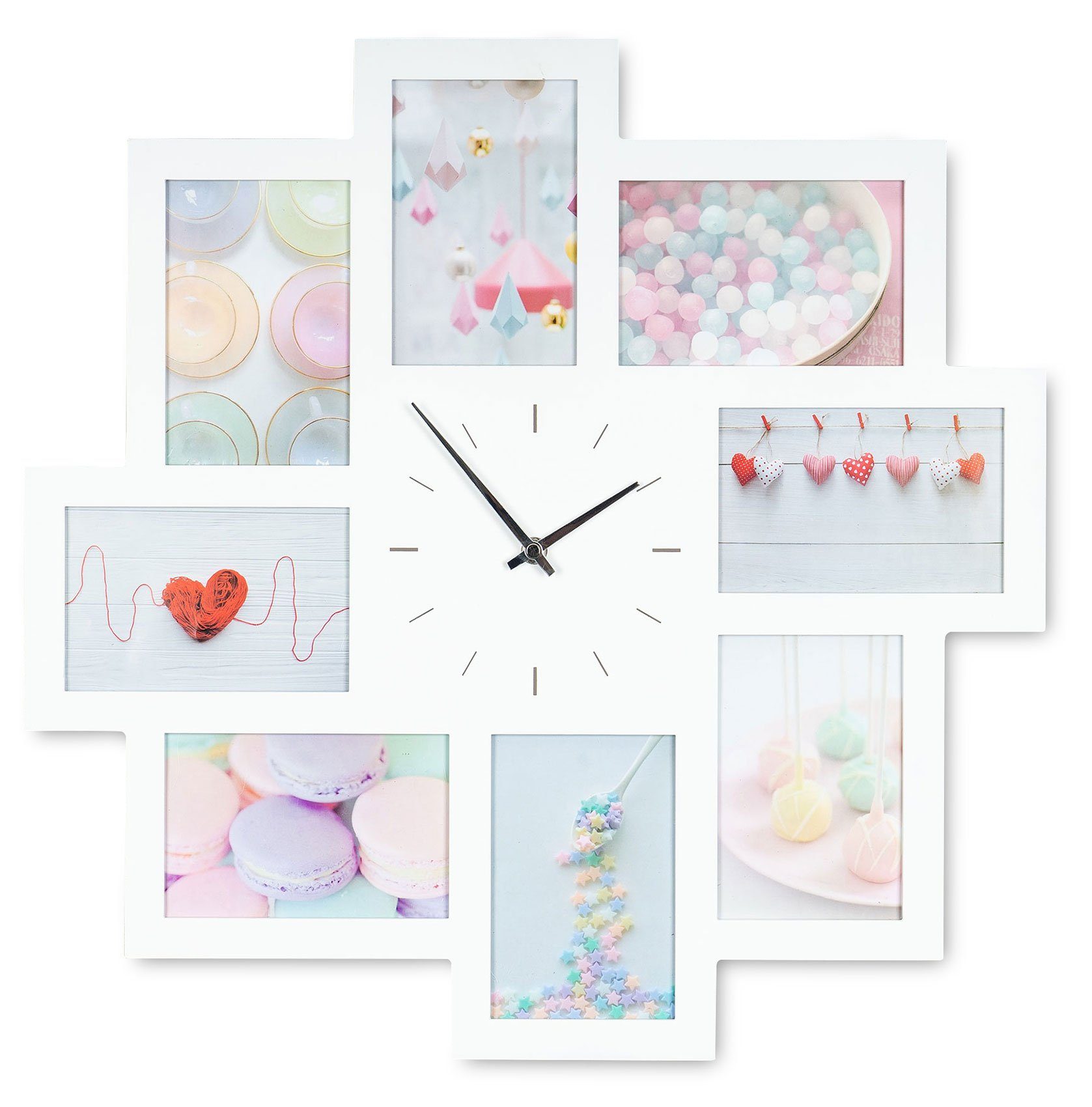 Levandeo® Bilderrahmen Collage, Wanduhr Weiß 52x52cm Holz Bilderrahmen 8 Fo günstig online kaufen