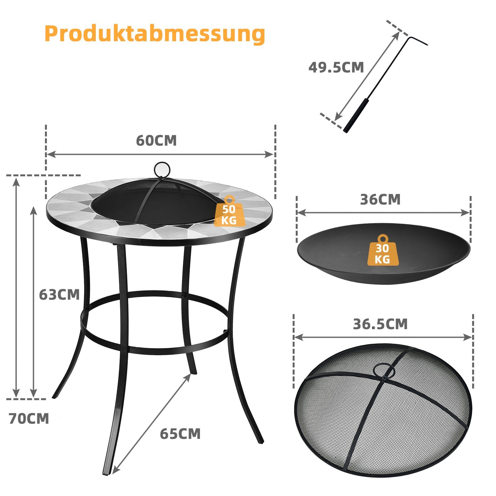 Feuertisch, COSTWAY mit Feuerschale Feuerschürhaken Feuerstelle, Deckel &