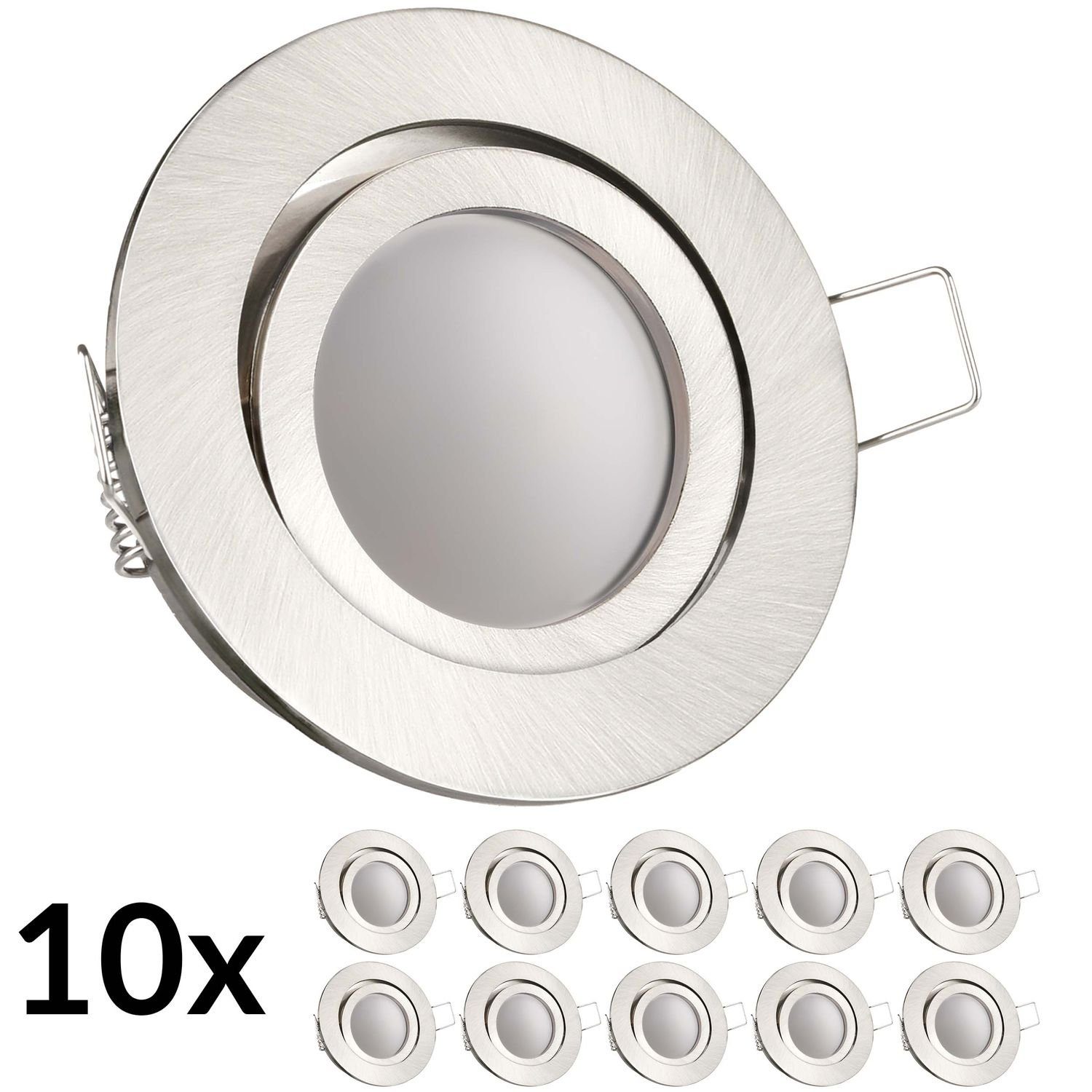 LEDANDO LED Einbaustrahler 10er LED Einbaustrahler Set Silber gebürstet mit LED GU10 Markenstrahl