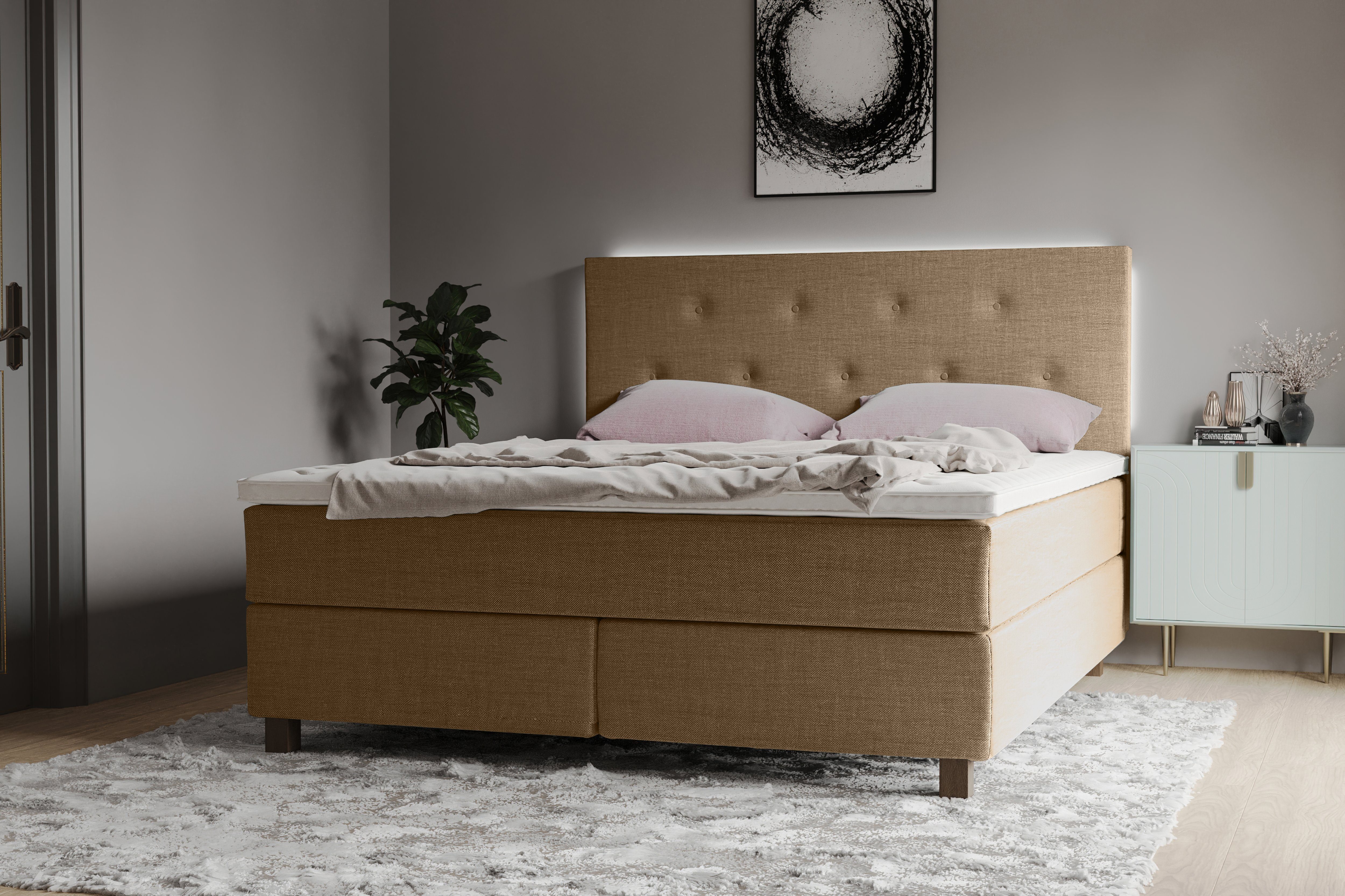 INOSIGN Boxspringbett Alenika, mit LED - Beleuchtung, mit Taschen-Federkernmatratze sandbrown