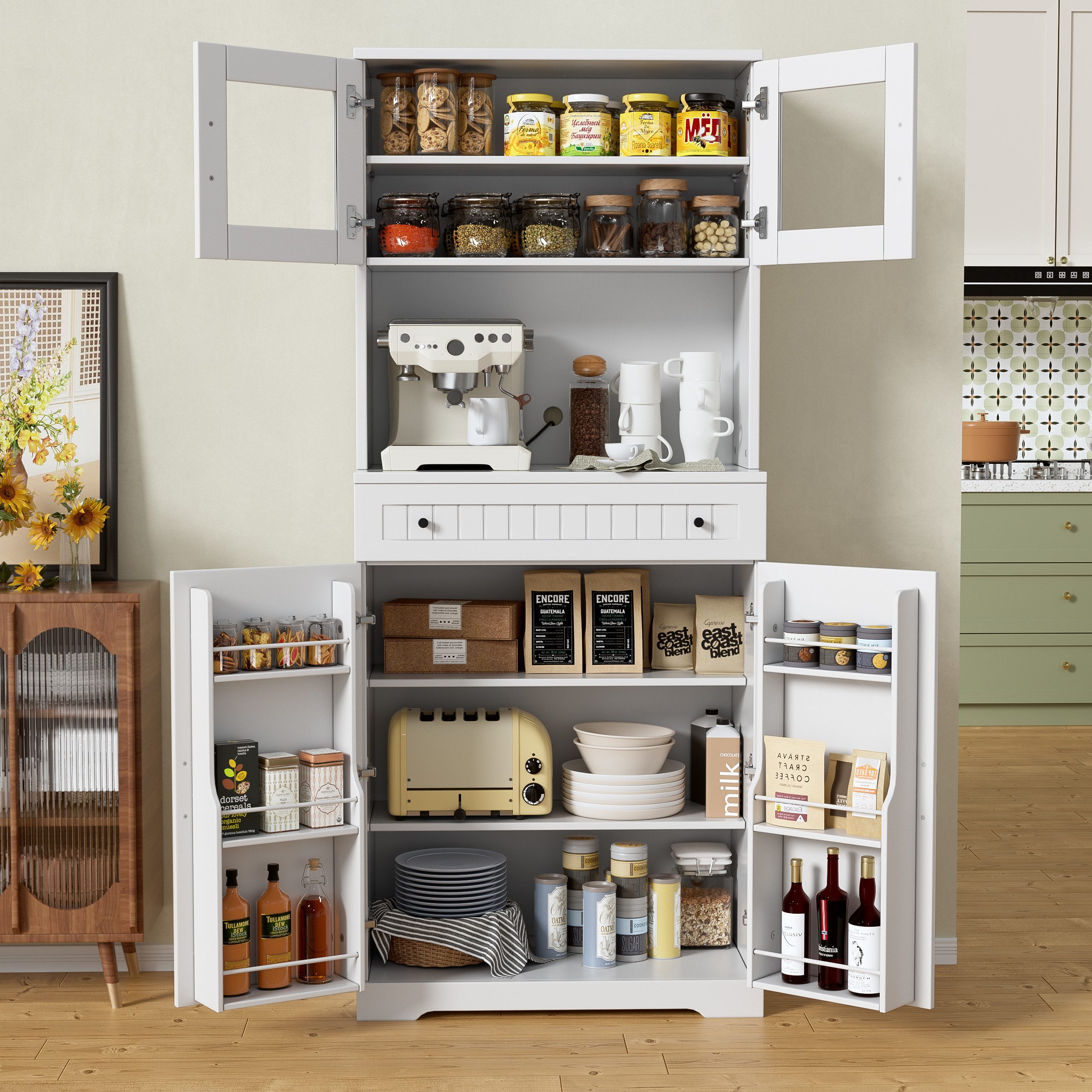 TWSOUL Küchenbuffet Küchenschrank,Modernes Sideboard,Anrichte,Weiß mit Vitr günstig online kaufen