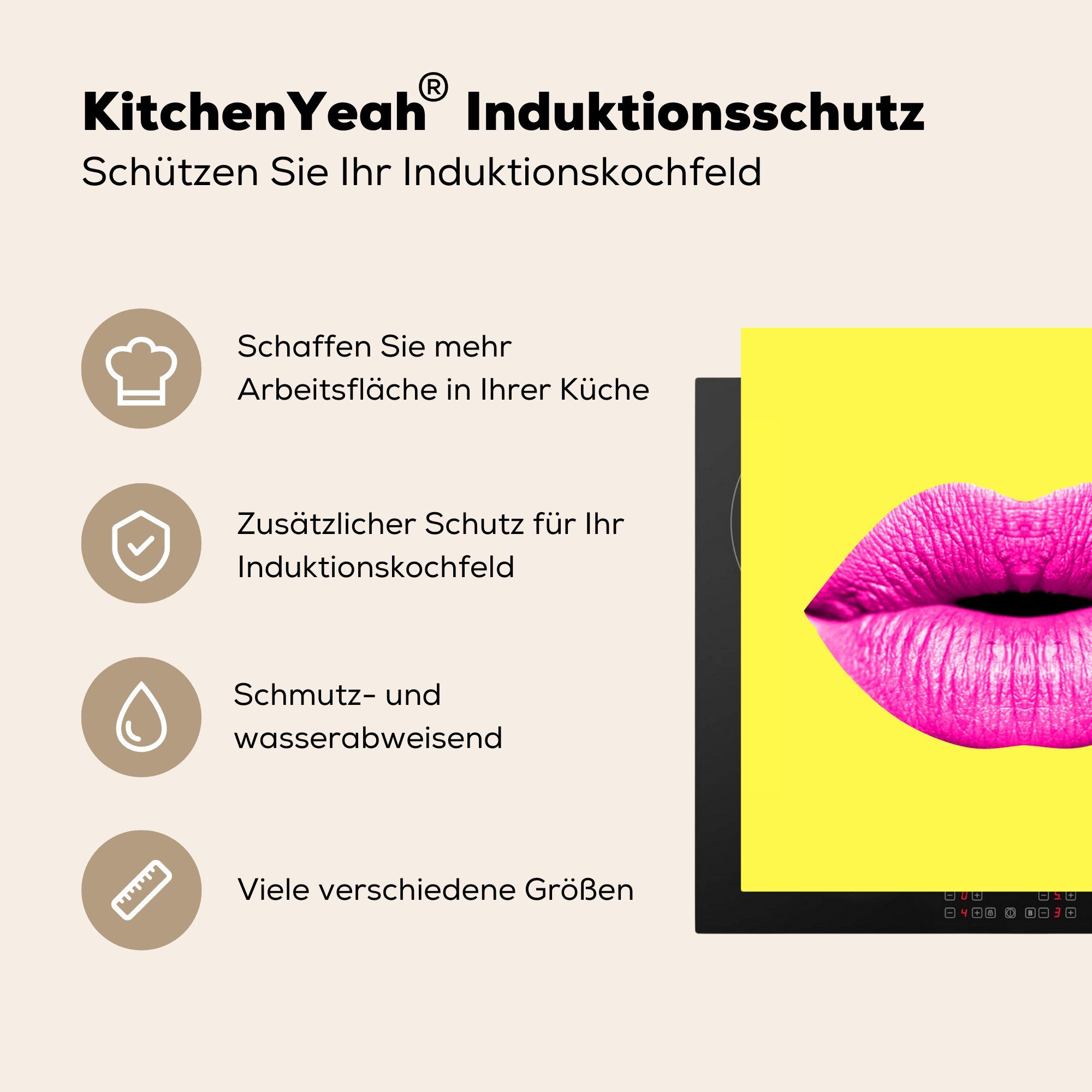 Herdblende-/Abdeckplatte - (1 Rosa tlg), - 78x78 Ceranfeldabdeckung, cm, für MuchoWow küche Vinyl, Gelb, Arbeitsplatte Lippen