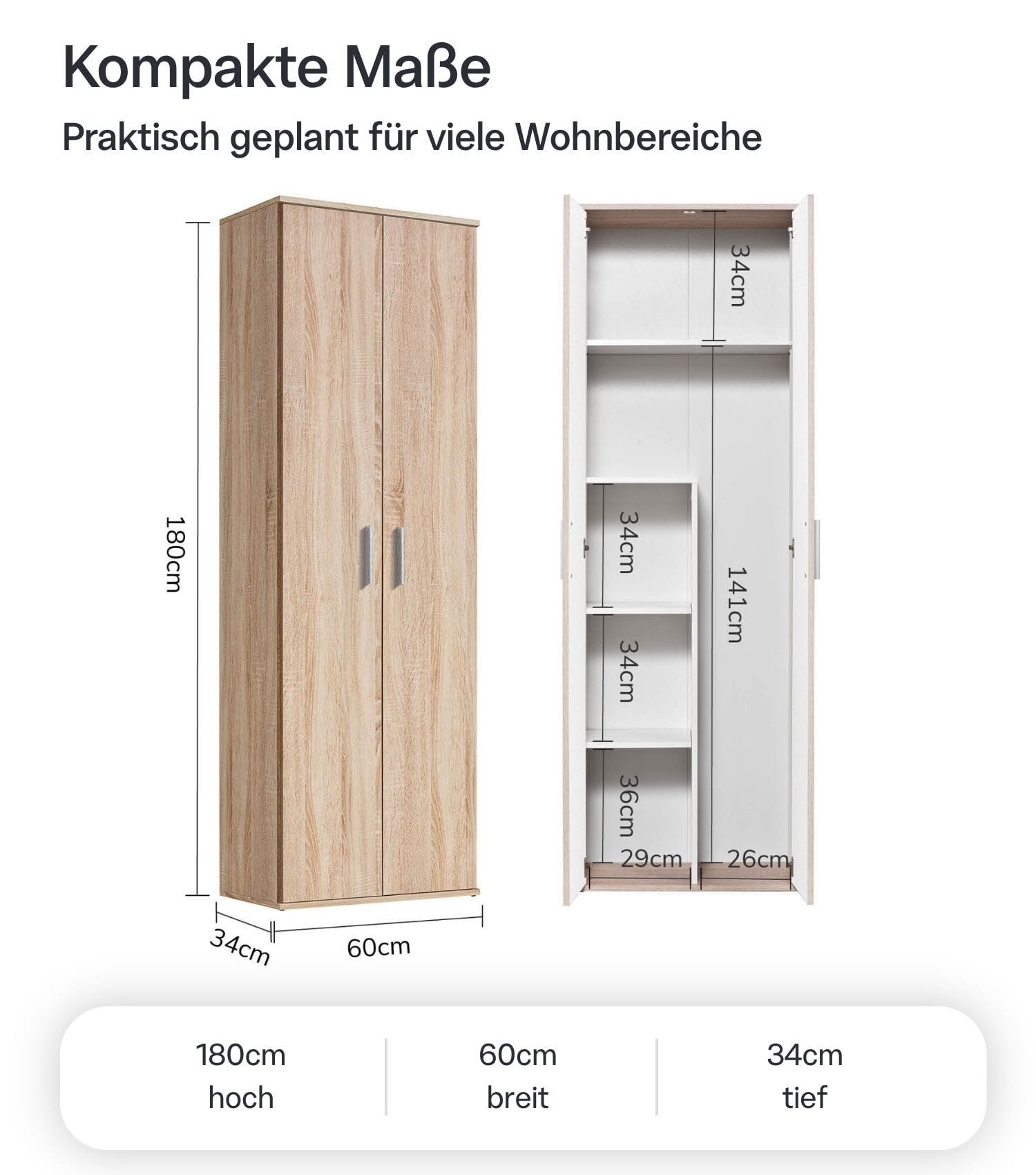 mokebo Mehrzweckschrank Der Lange (60x180 cm, mit Staubsaugerfach) Made in Germany, Besenschrank, Putzschrank, Flurschrank in Holz – Bild 4 von 5