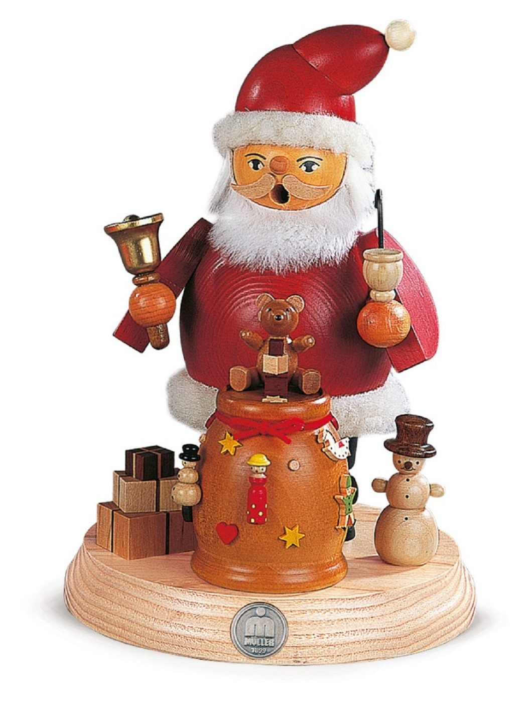 Müller Kleinkunst GmbH Seiffen Räuchermännchen Müller Räuchermann Weihnachtsmann auf Sockel, Handarbeit aus dem Erzgebirge