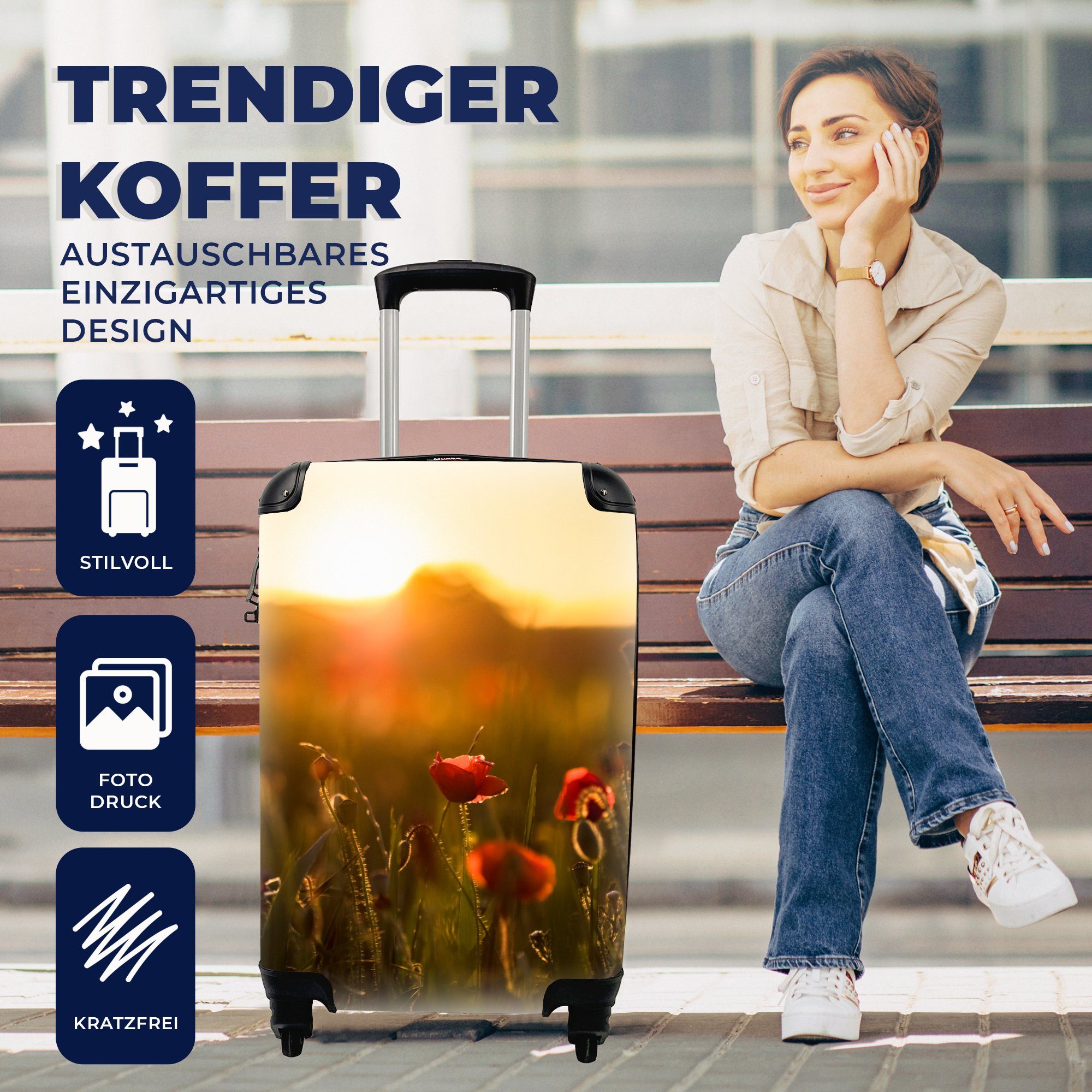Reisekoffer Mohn rollen, mit Sonnenuntergang Handgepäckkoffer 4 für Trolley, Rollen, Gold, - Handgepäck - Reisetasche MuchoWow Ferien,