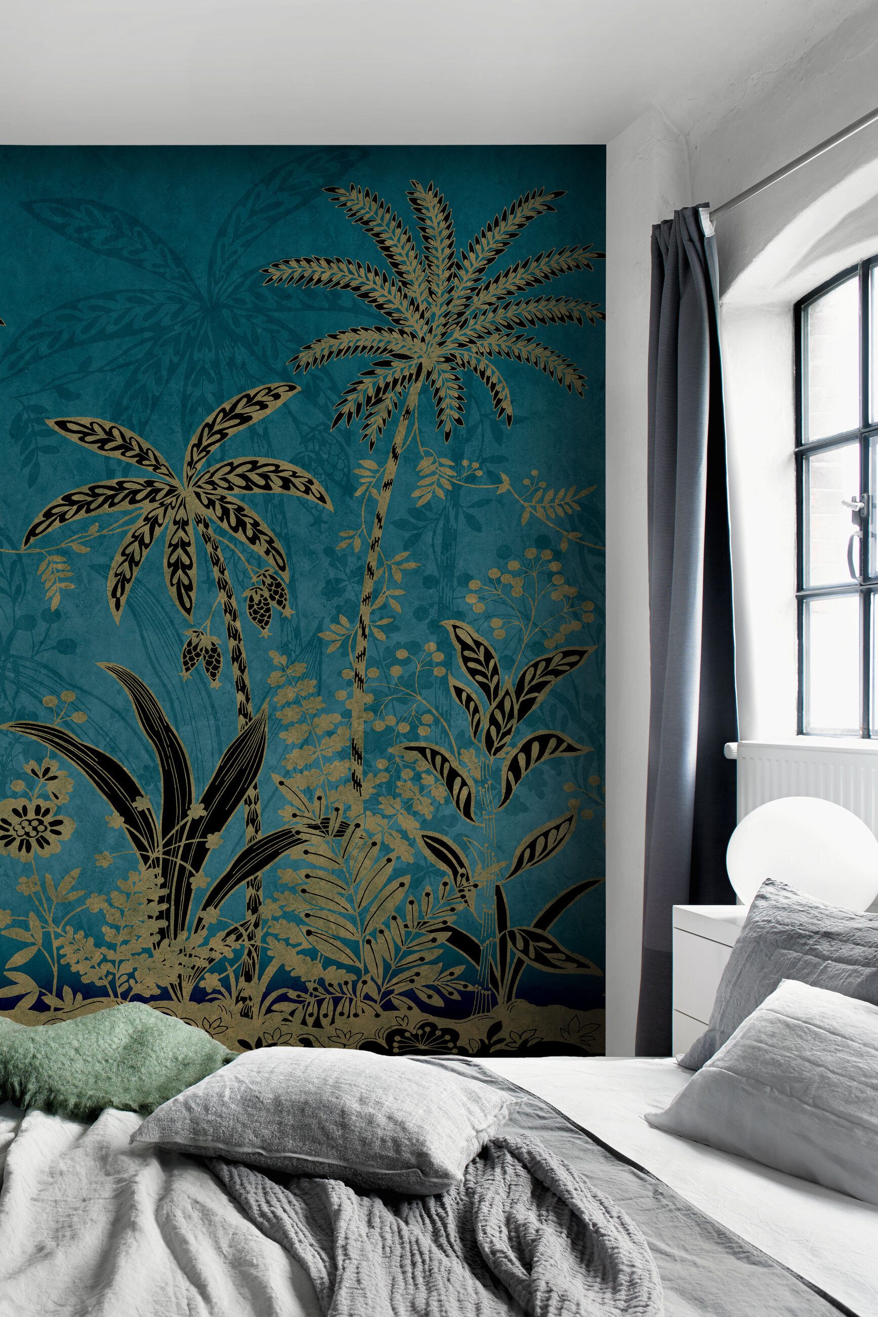 Rasch Fototapete Palmen, tropische Blätter in Gold und Blau - 3,00m x 2,00m, glatt, Palmen, exotisch, Dschungel, tropisch, botanisch, (1 St), Dschungel