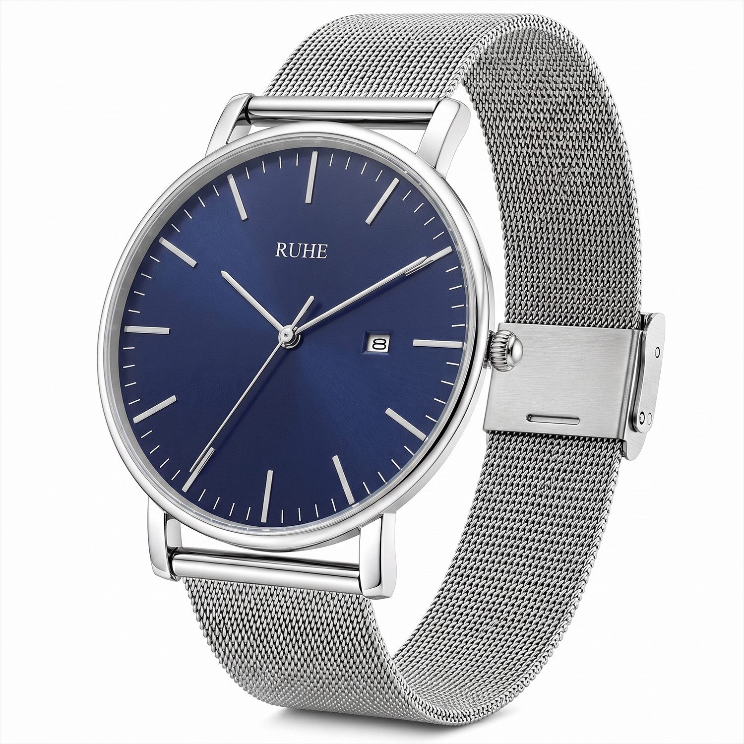 RUHE Quarzuhr Ultradünnes Mesh-Armband mit Edelstahlboden und Datumsanzeige RUHE Mesh, (Set, 1-tlg., Armbanduhr inklusive Geschenkbox), Ultradünn, Mesh-Armband, Datumsanzeige, Edelstahlboden, Geschenkbox