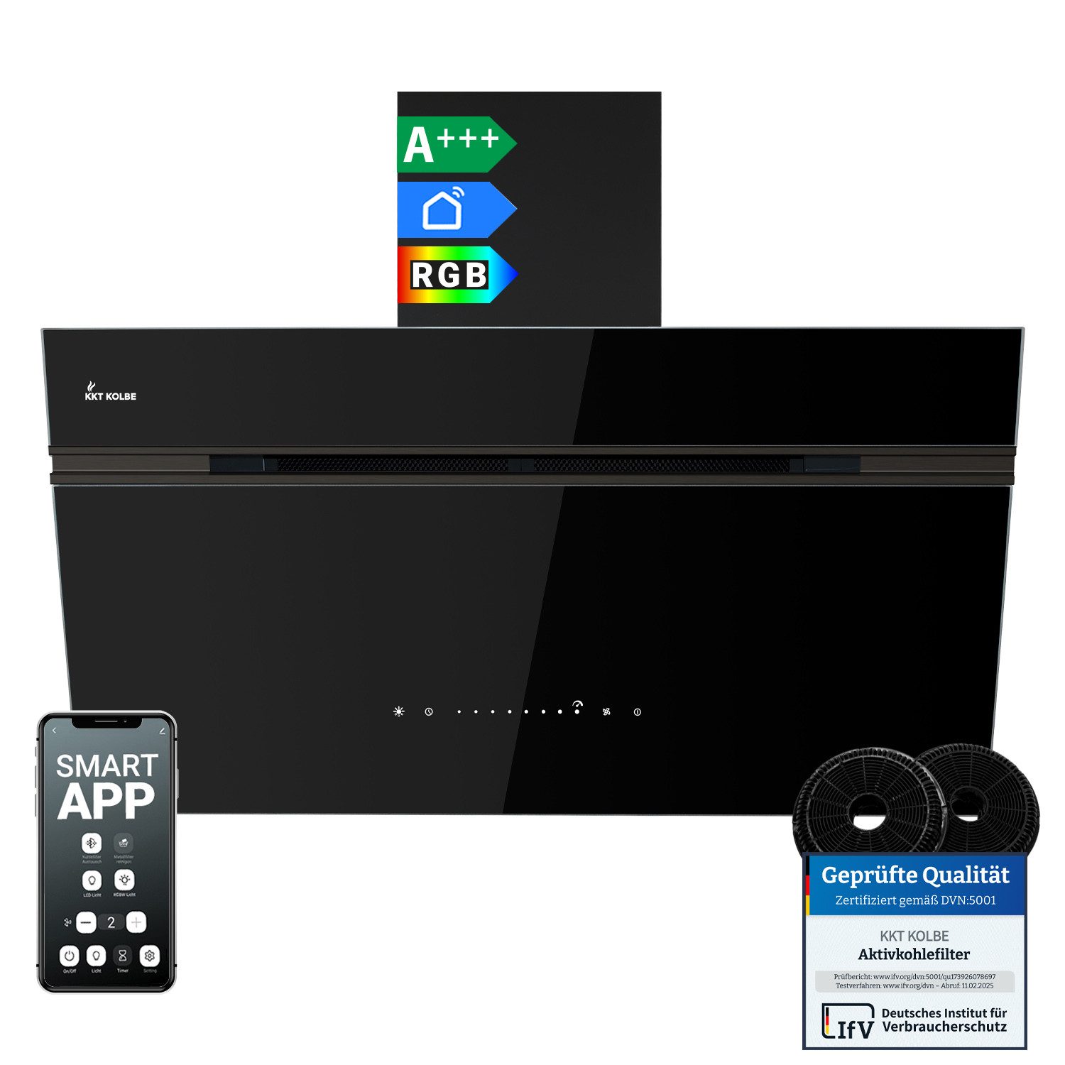 KKT KOLBE Wandhaube Dunstabzugshaube 90cm AURORA9005FB RGBW Ambientebeleuchtung Dunstabzugshaube 90cm AURORA9005FB RGBW Ambientebeleuchtung, Kopffreihaube / Umluft / Abluft / Smarte WiFi-App / Schwarz / Glas