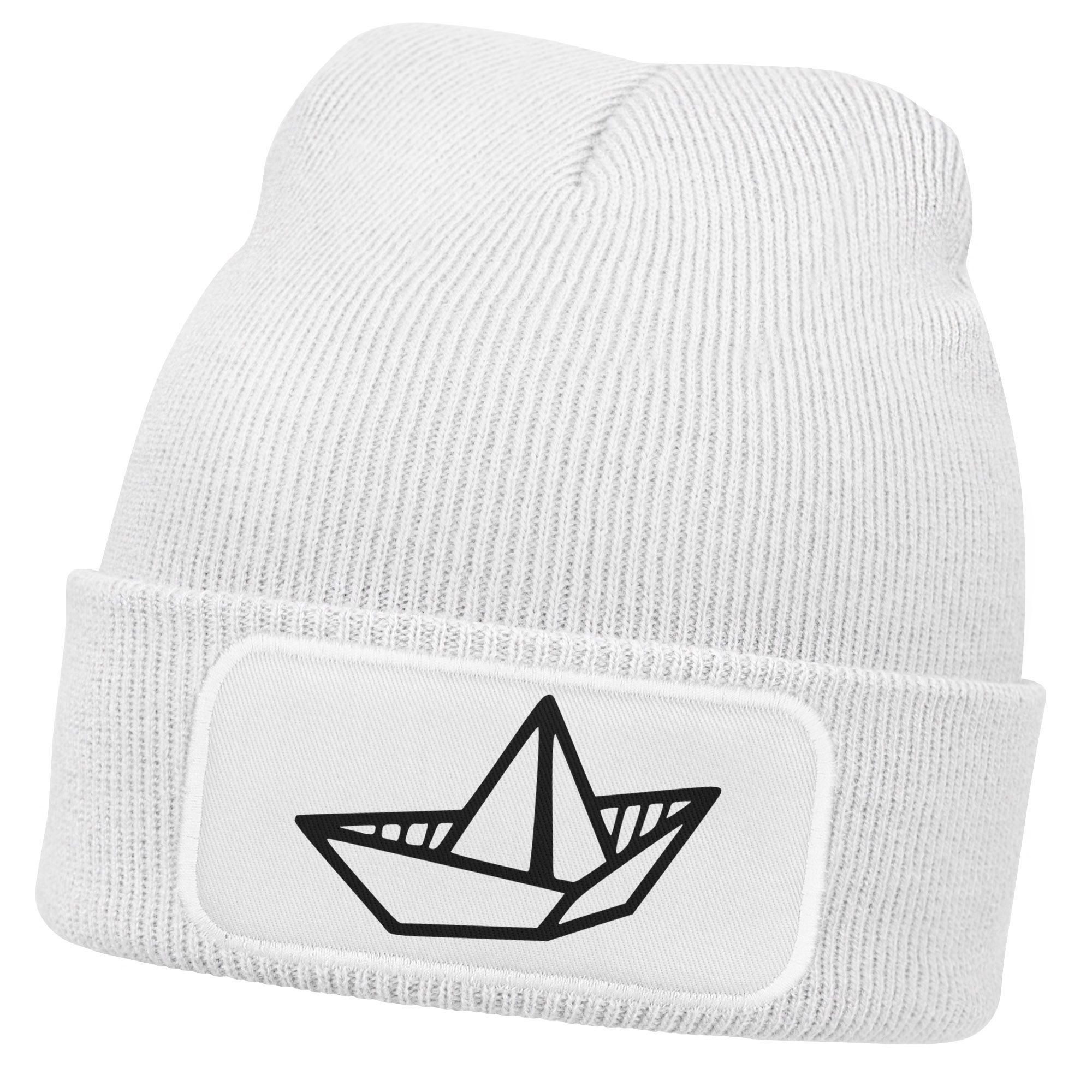 MoonWorks Strickmütze Damen Beanie mit Patch Strickmütze mit Papierboot Design Maritim