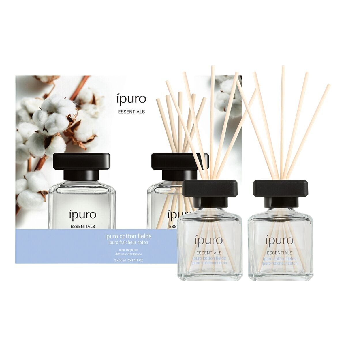 IPURO Raumduft Cotton Fields, 2x 50 ml, Glasflakon mit Rattan-Holzstäbchen