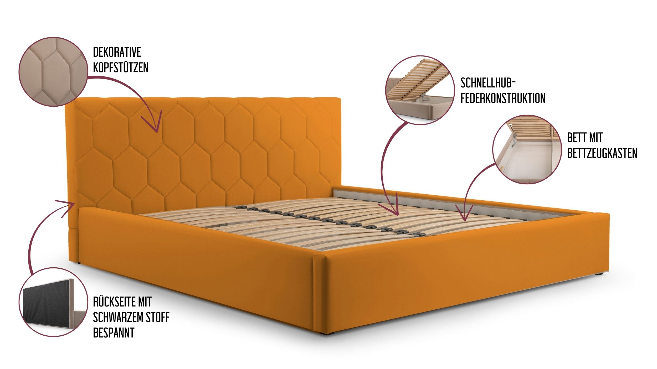 MOEBLO Polsterbett Bett 02 (aus Samt, Doppelbett mit gepolstertem Kopfteil, Bettkasten & Lattenrost, modernes Design mit Stauraum), (BxHxT): 158/178/198 x 95 x 220 cm