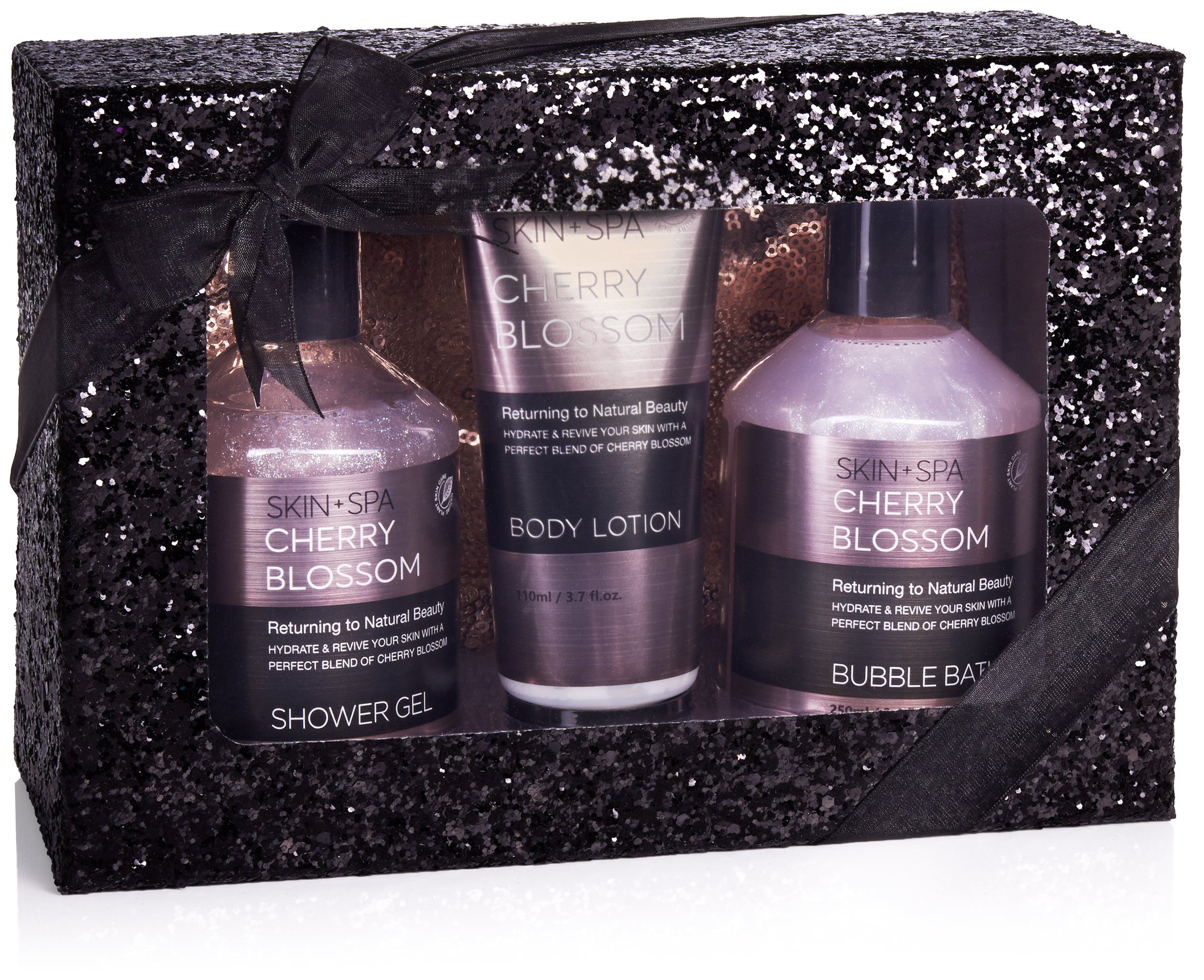 BRUBAKER Pflege-Geschenkset Frauen Dusch- und Badeset Schwarz Glitzer mit Kirschblüten Duft, 4-tlg., Damen Geschenkset mit Kosmetiktasche, Pflegeset Beauty Set