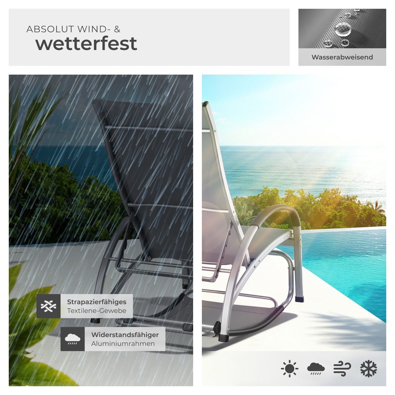 tectake Gartenliege Sonnenliege, 1 St., Komfortable Gartenliege, auf Wunsch auch als Schaukelstuhl nutzbar