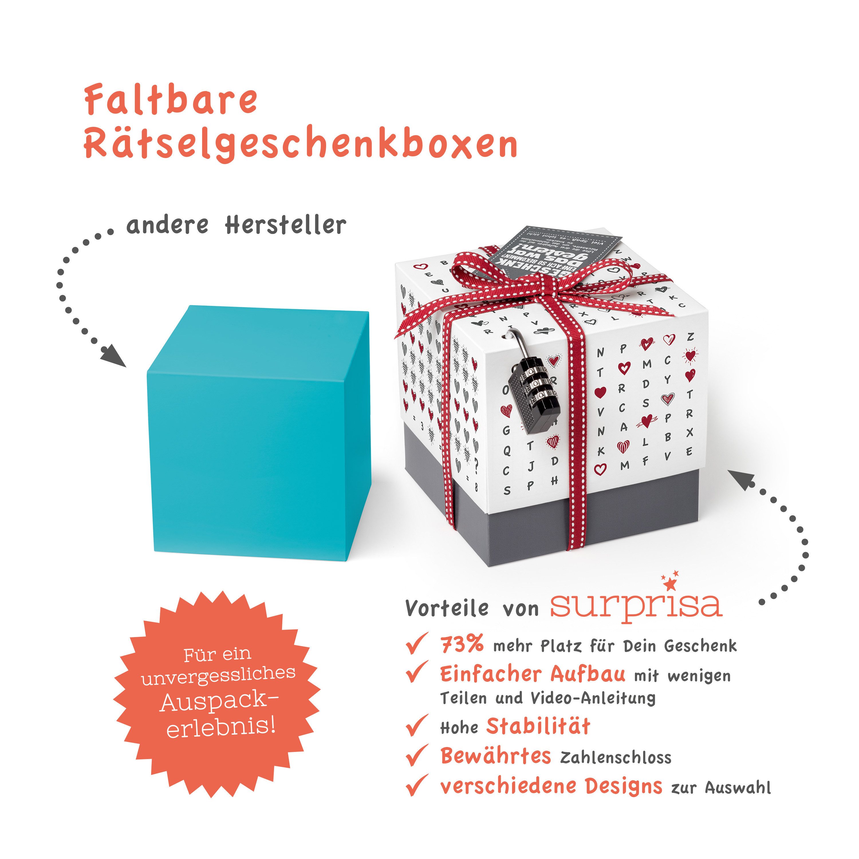 SURPRISA Geschenkbox Geschenkbox mit Samt und Glanz, Rätselbox für Geschenke und Gutscheine, zum Valentinstag, Jahrestag, Hochzeitstag